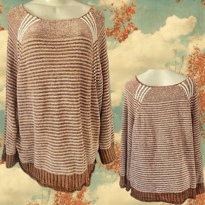 Woman Within +26/28 Rust-Cream Striped Plush Crew Neck Raglan Long Sleeve Top