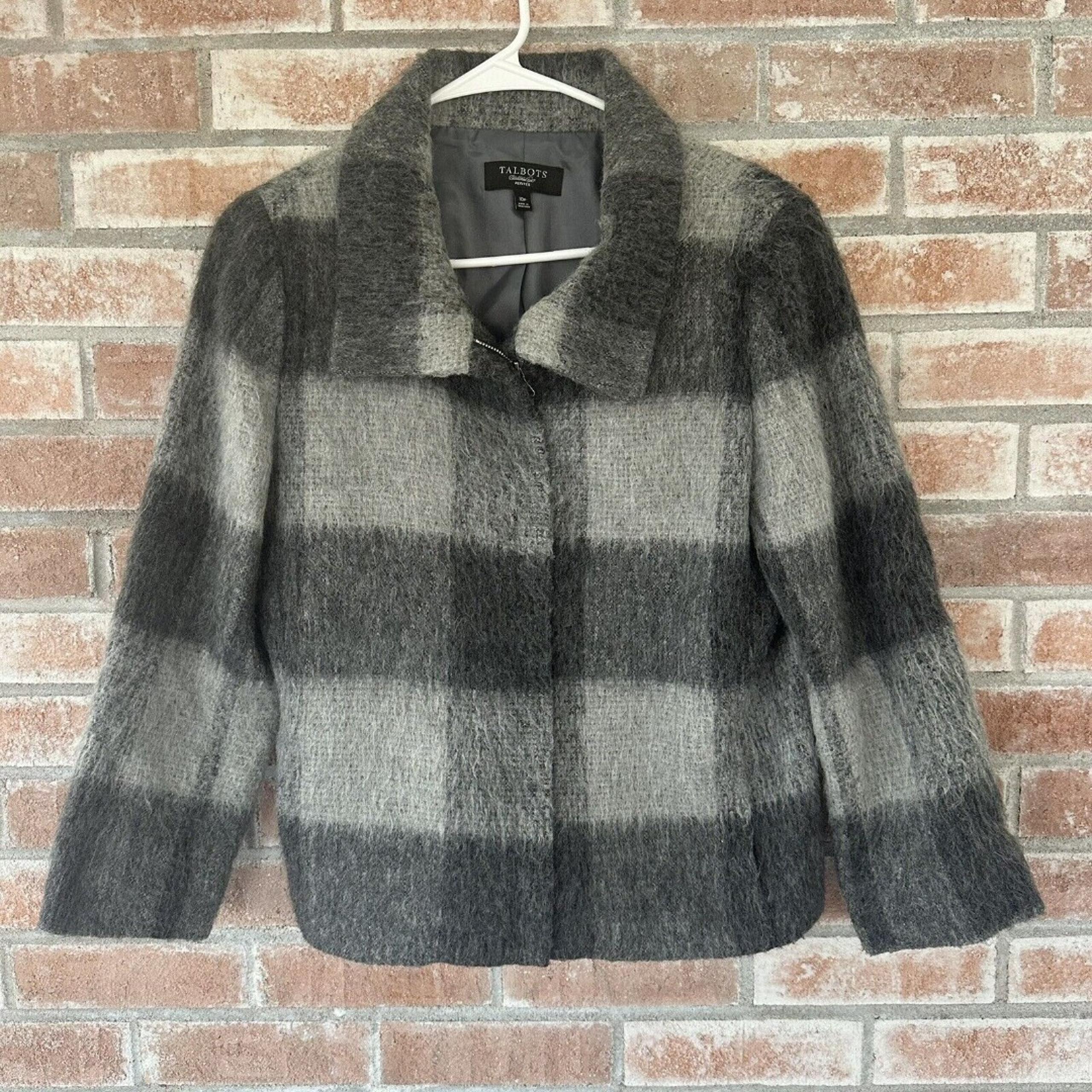 Talbots Gray Buffalo Plaid Wool Alpaca Blend Zip Up Coat Size 10 Petite