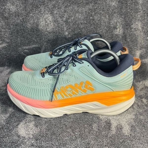Hoka One One Bondi 7 Womens 9.5 Shoes Gray Orange Running Sneaker