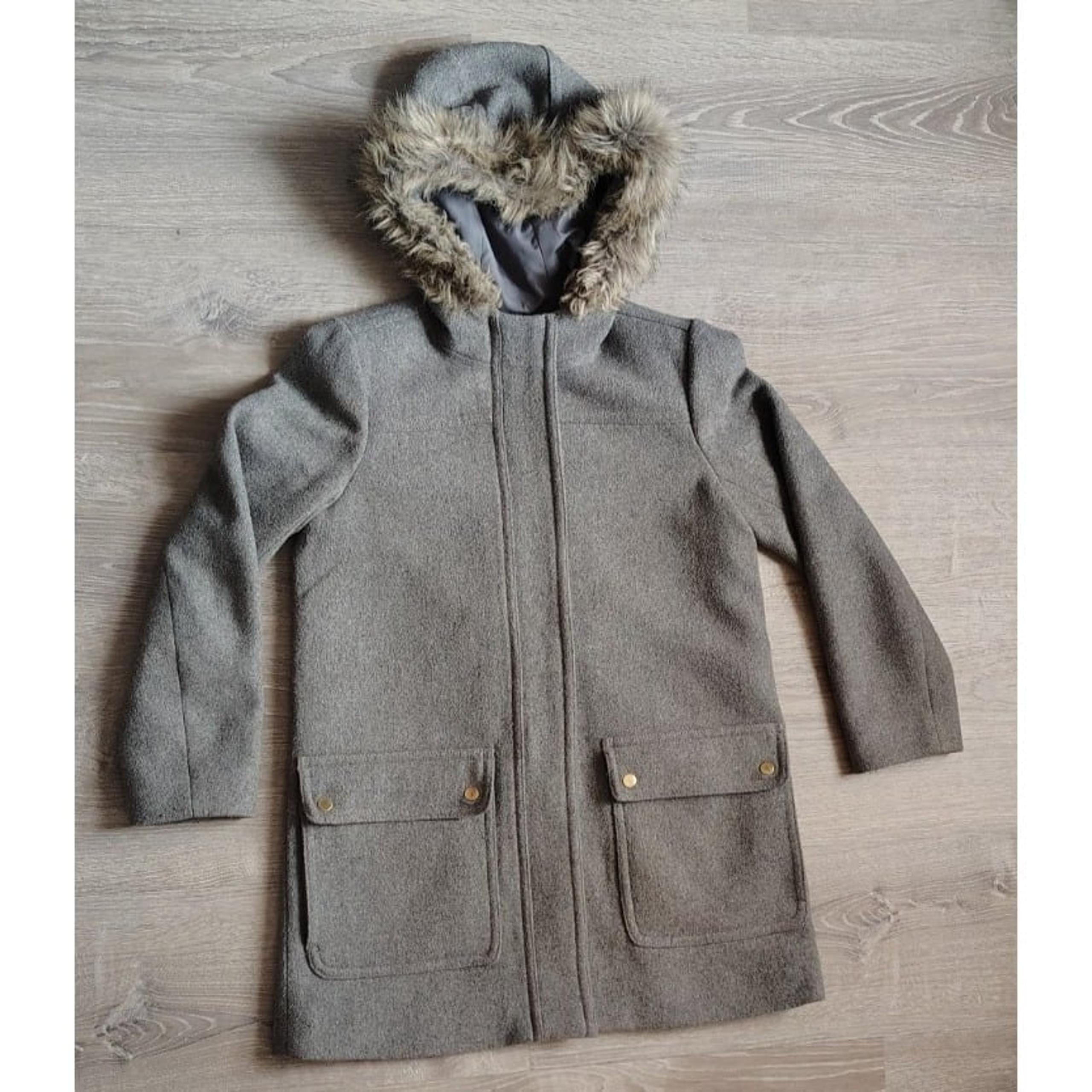 J Crew Gray Wool Blend Hooded Womens Parks Coat Faux Fur Trim Sz 6  Mercantile
