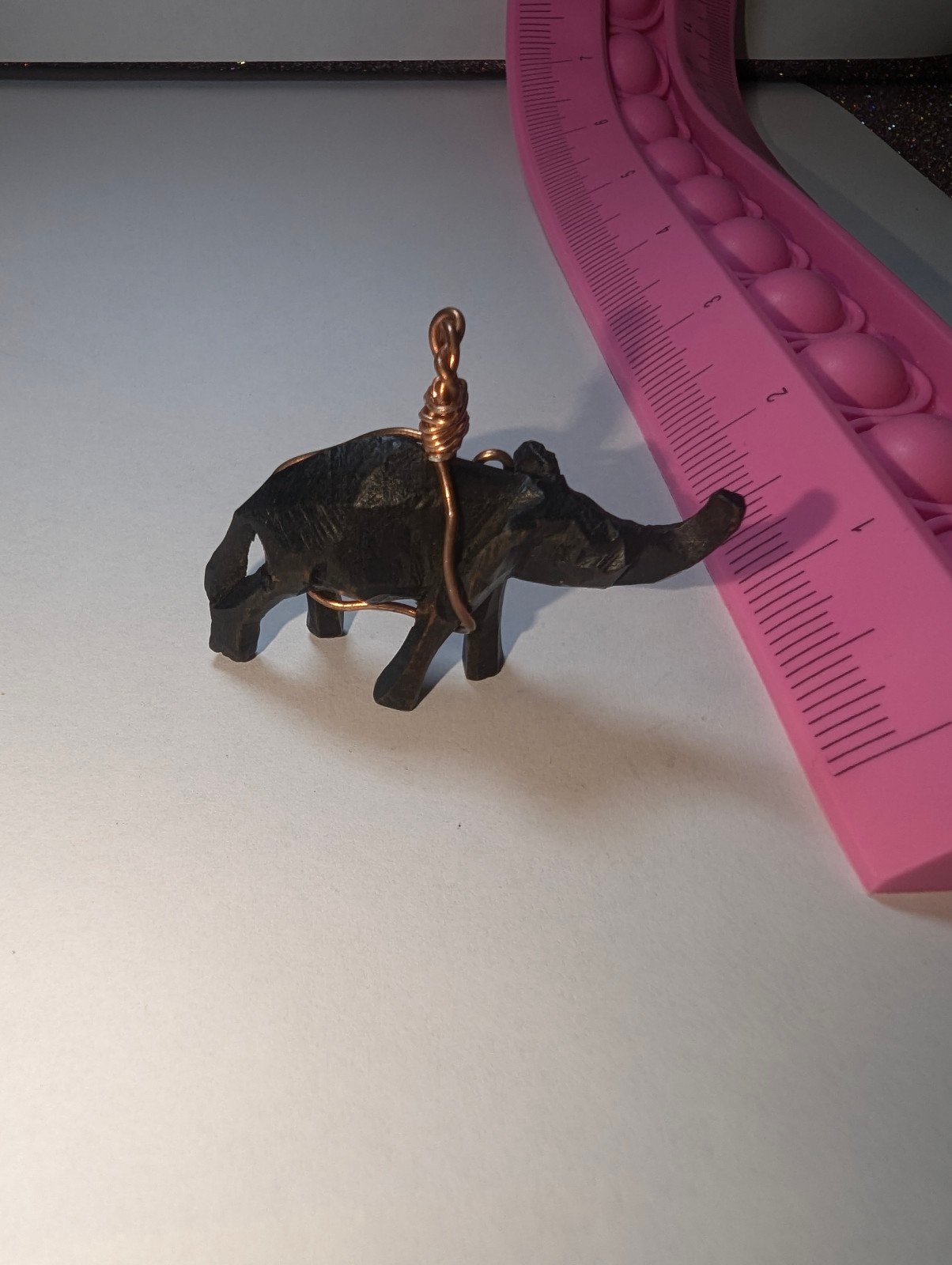 Wood carved Black Elephant Wrapped Wire Pendant Handcrafted Necklace Charm