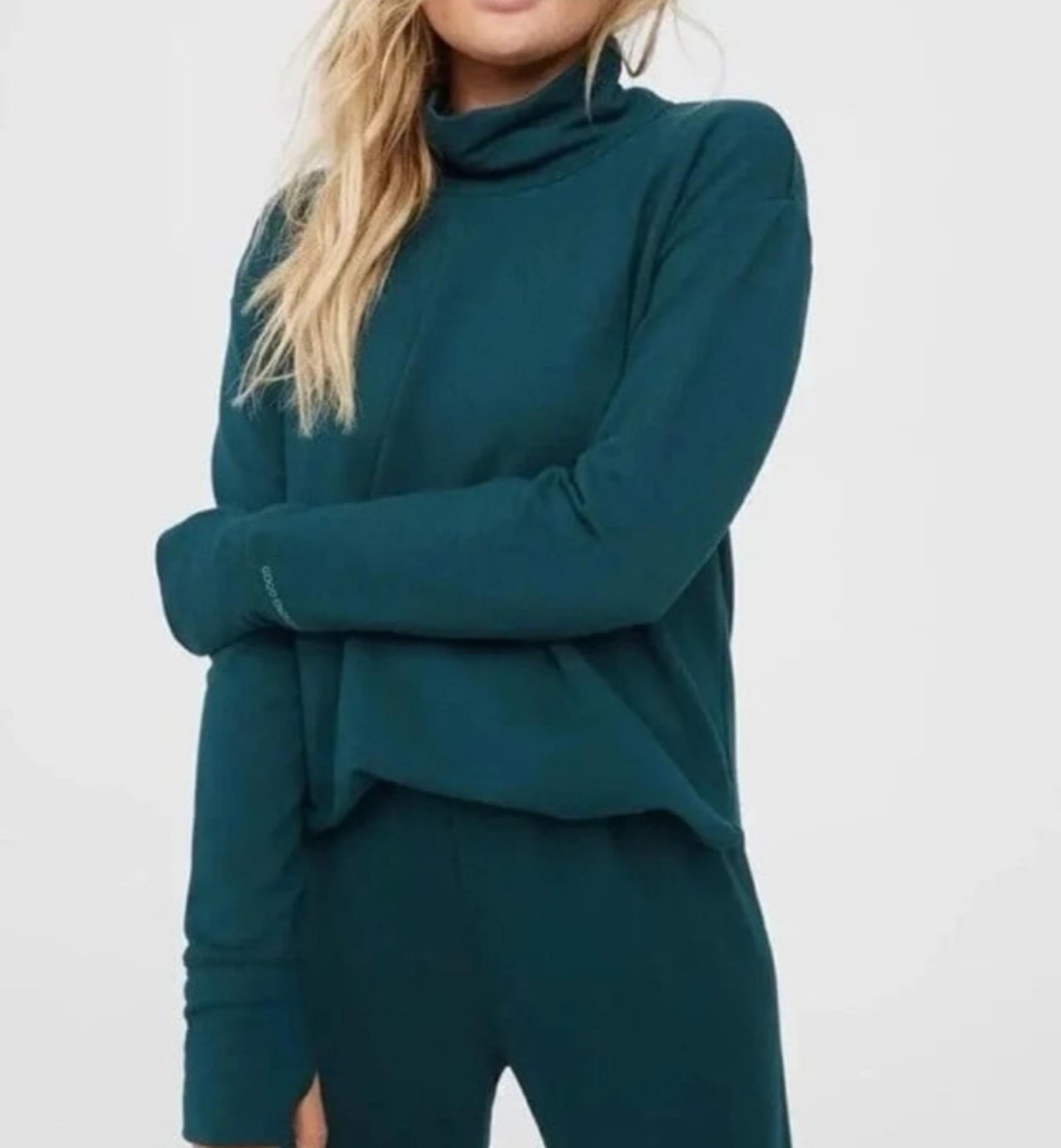 OFFLINE by Aerie Green Fleece Mockneck XL Top Thumb Holes Rolled Hem [2022]