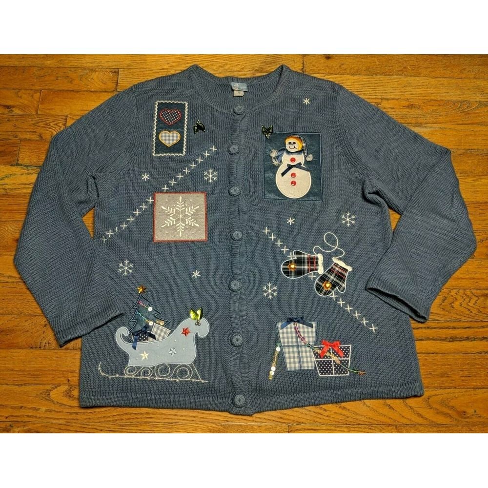 Holiday Editions Traditional Holiday Button Up Sweater Blue Snow Mittens LARGE