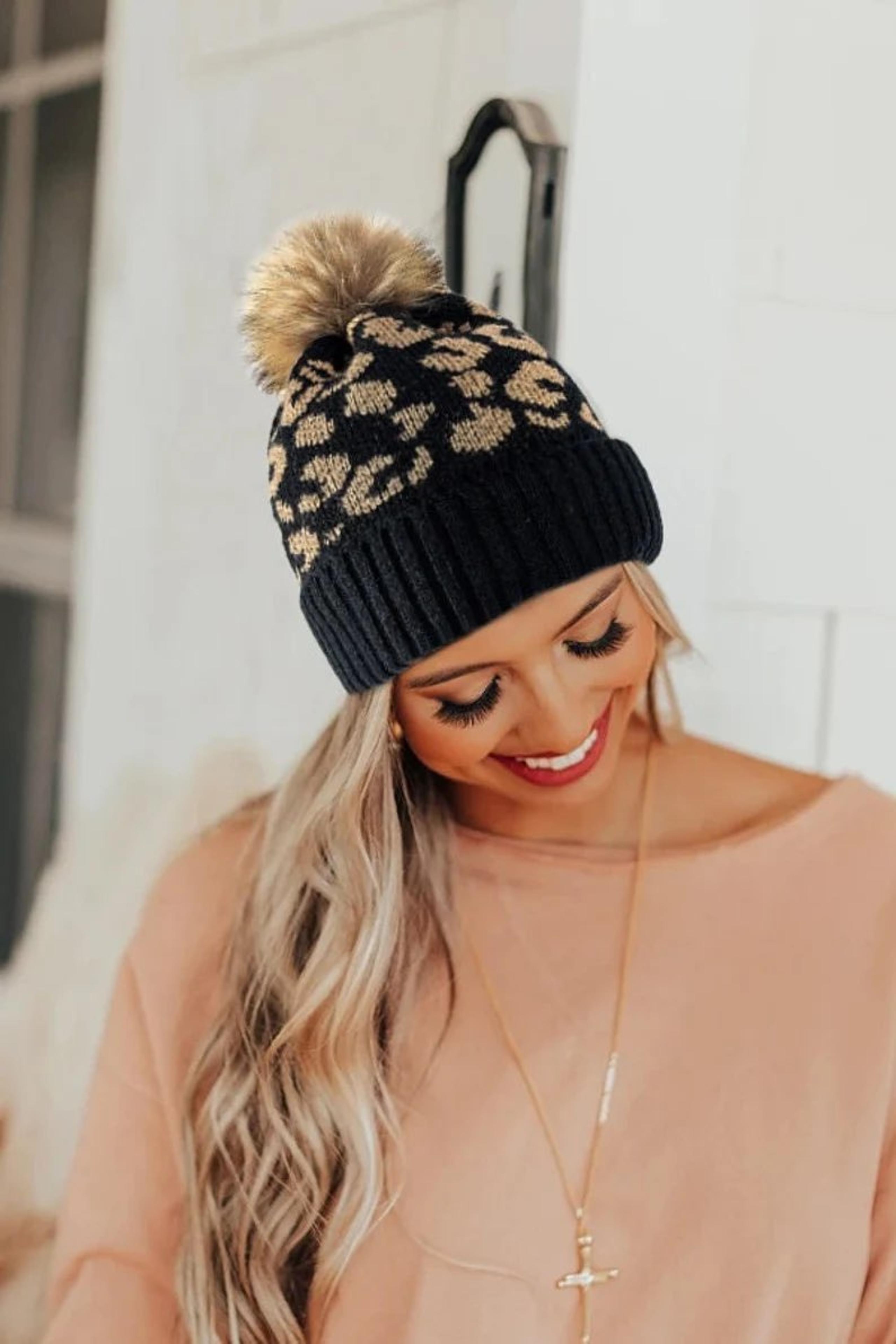 Black Leopard Print Pom Knit Hat