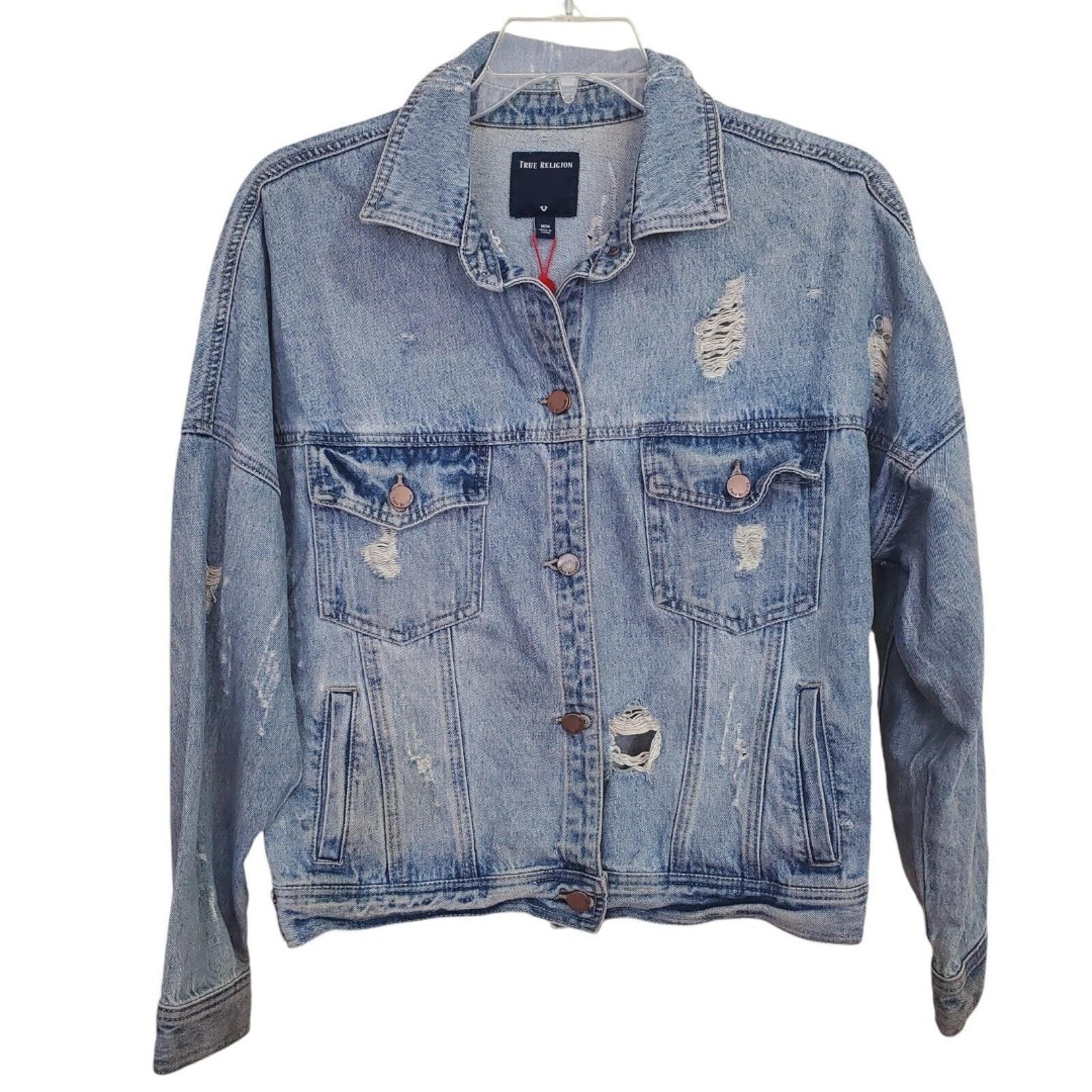 TRUE RELIGION Jeans Denim Jacket Womens Medium Distressed Grunge Boxy oversized