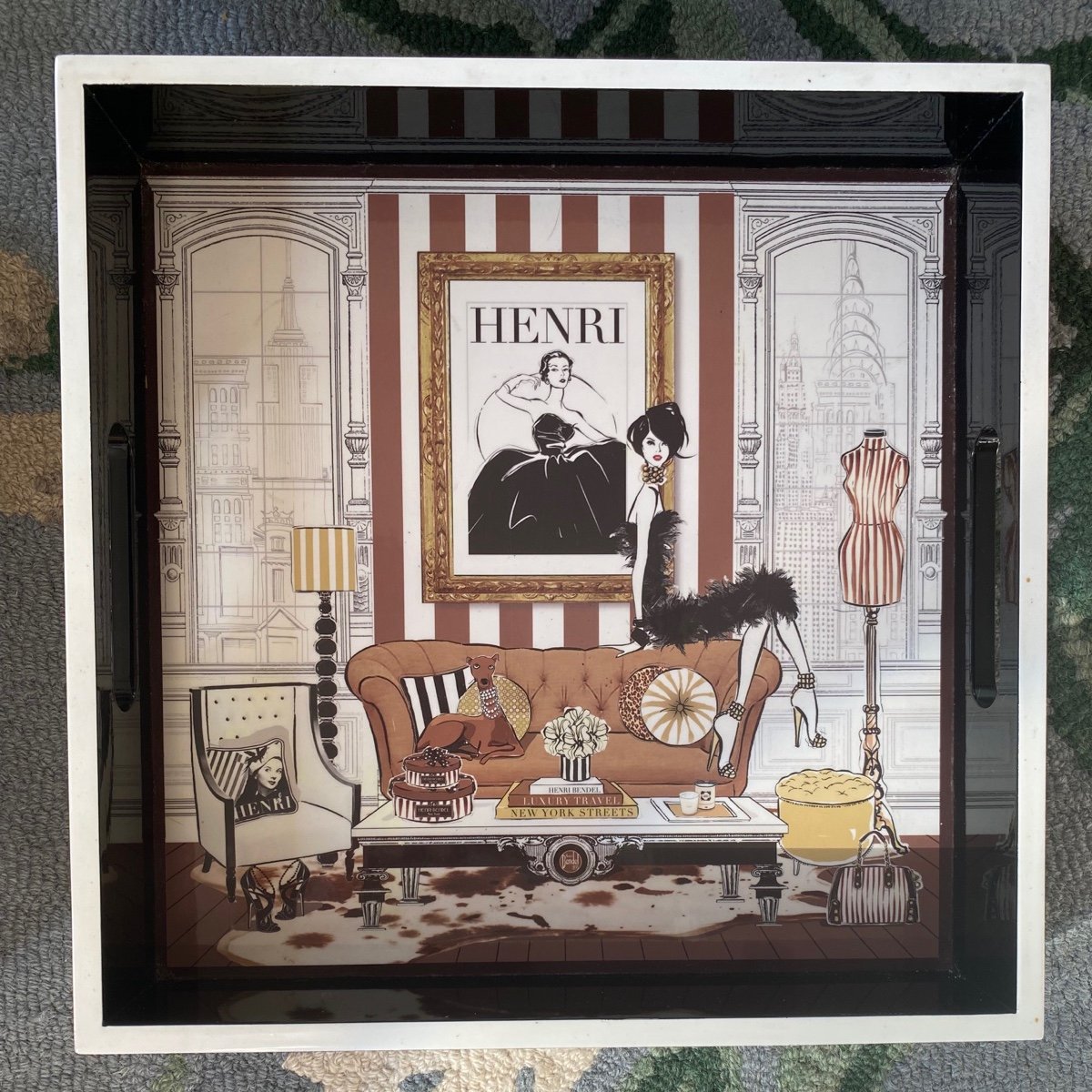 Rare Henri Bendel Megan Hess Square Handled Woman & Dog Chic Cocktail Tray