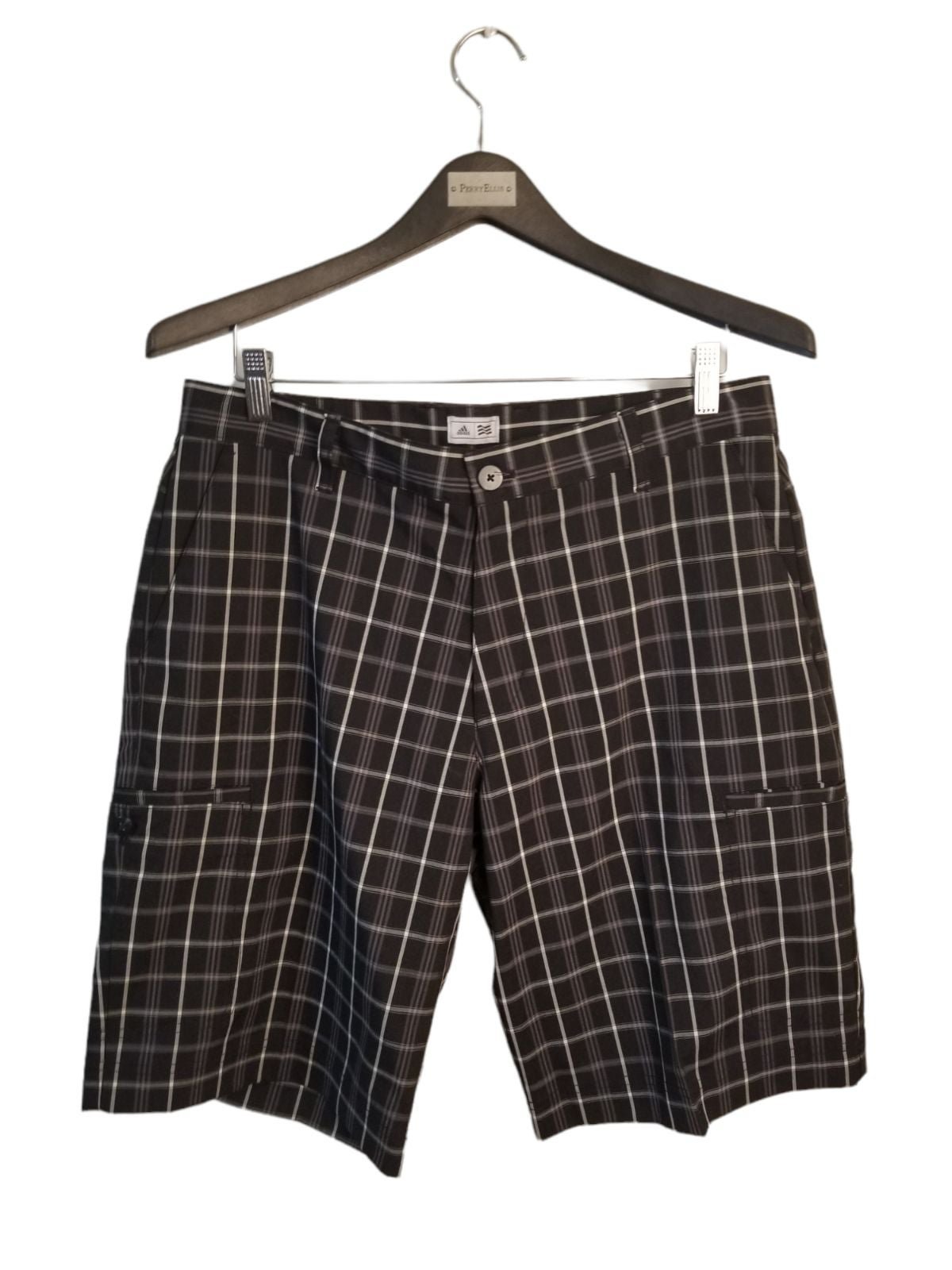 ADIDAS PLAID BERMUDA GOLF SHORTS BLACK, WHITE MEN'S SIZE 32.