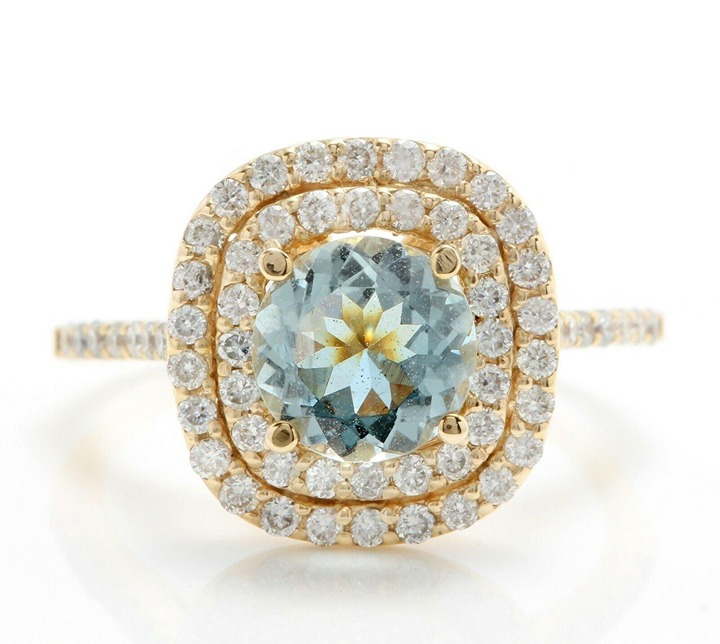 3.55Ct Natural Round Aquamarine & Diamond Halo Solitaire Ring 14k Yellow Gold
