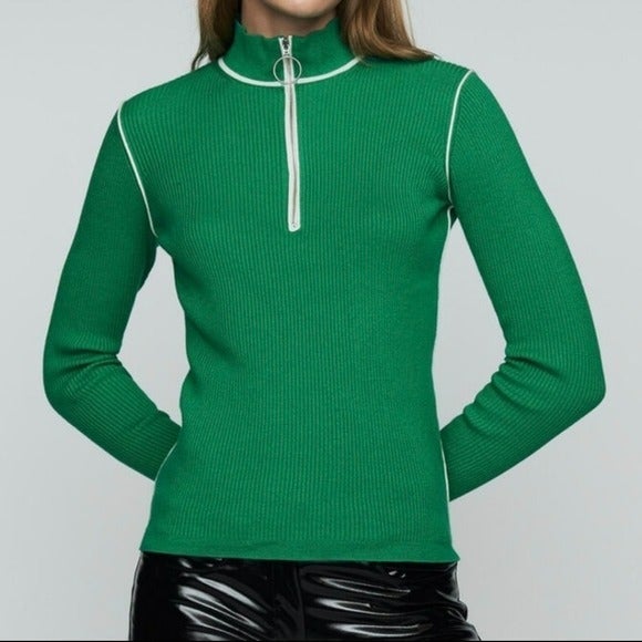 Maje | Emerald Green Ribbed Trucker-Collared Sweater in fine knit