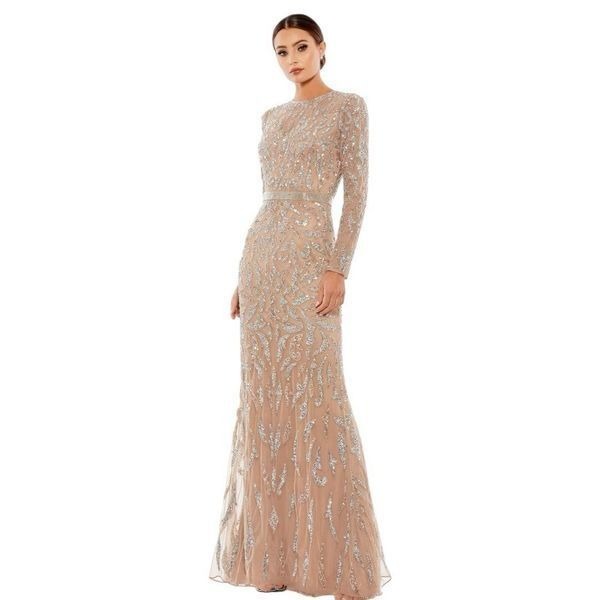 Mac Duggal NWT Mocha Beaded Long Sleeve Evening Gown Size 14