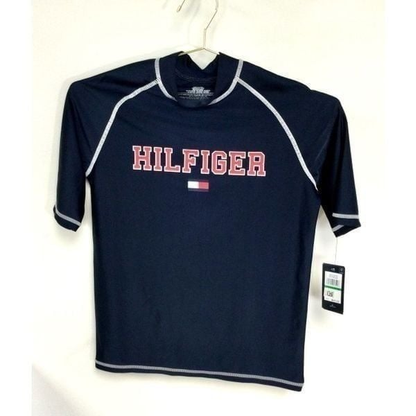 NWT Tommy Hilfiger Boy's Navy Blazer Short Sleeve Mock Neck Rashguard Size Large