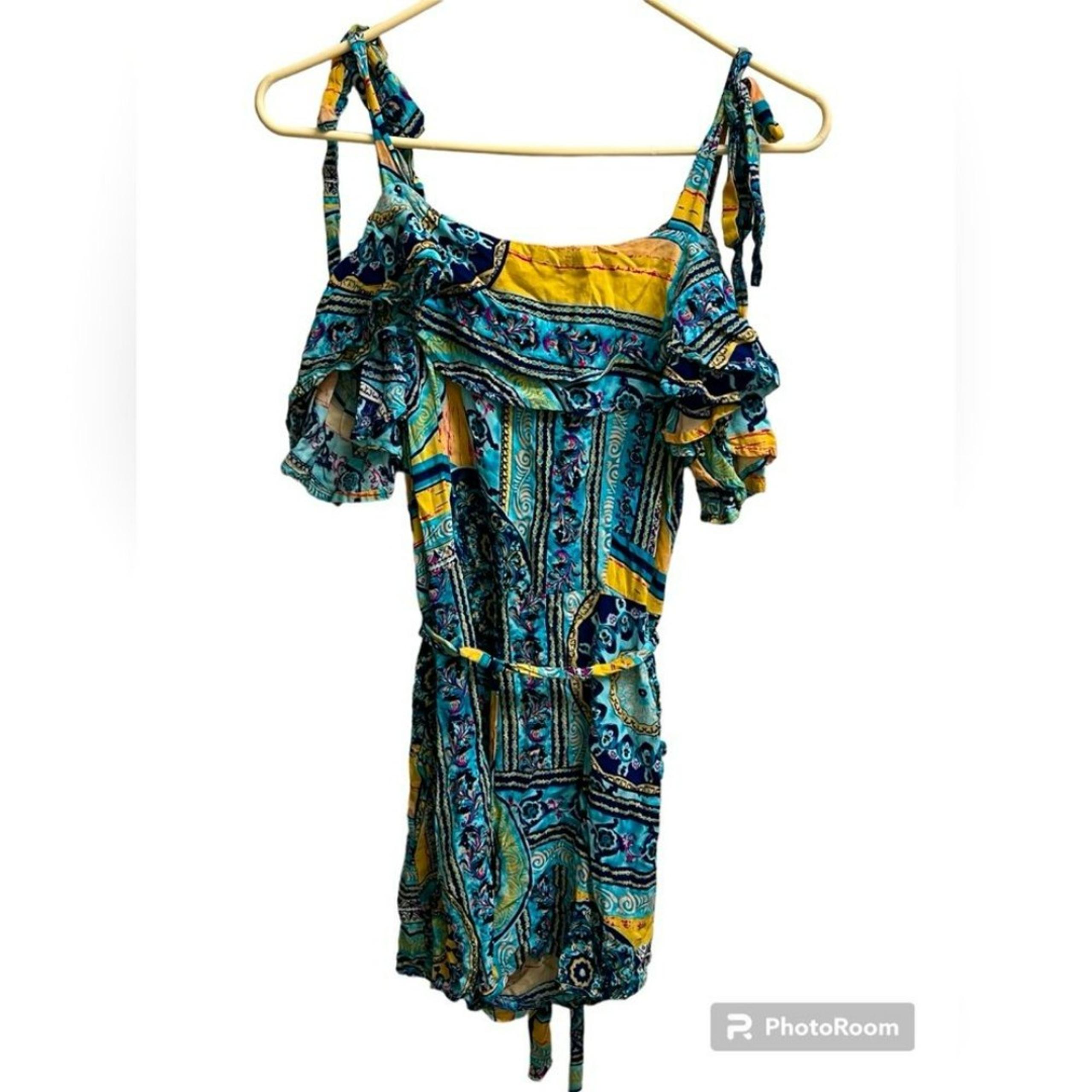 easel Blue Green Yellow Boho Paisley Mosaic Ruffle Tie Waist Romper SZ M