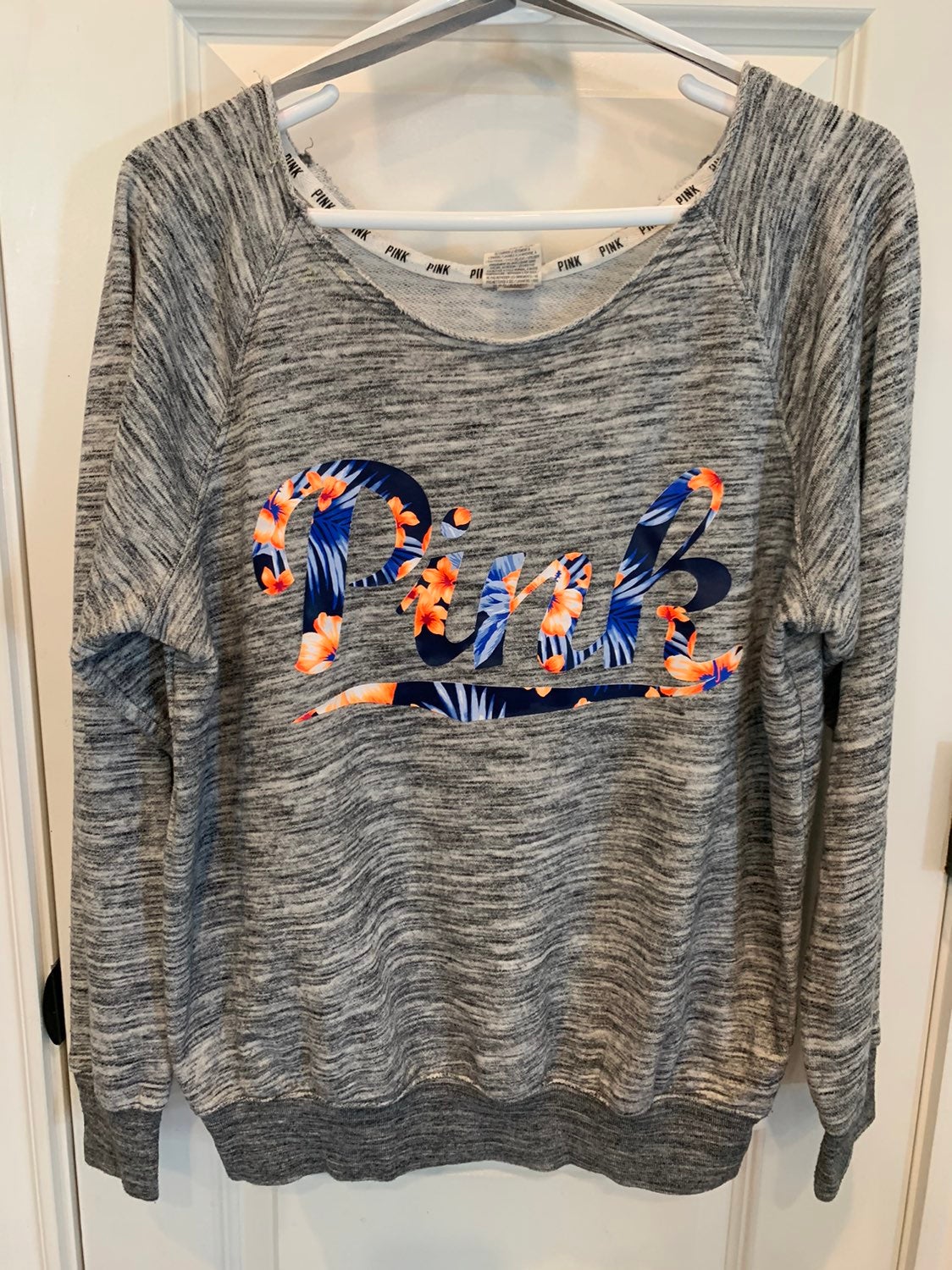 Victoria Secret Pink Tropical Blue Neon orange slouchy crew Sweater Top RARE HTF