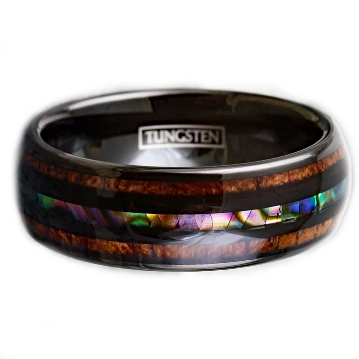 Men's tungsten wedding band ring wood and abalone inlay 8mm comfort fit