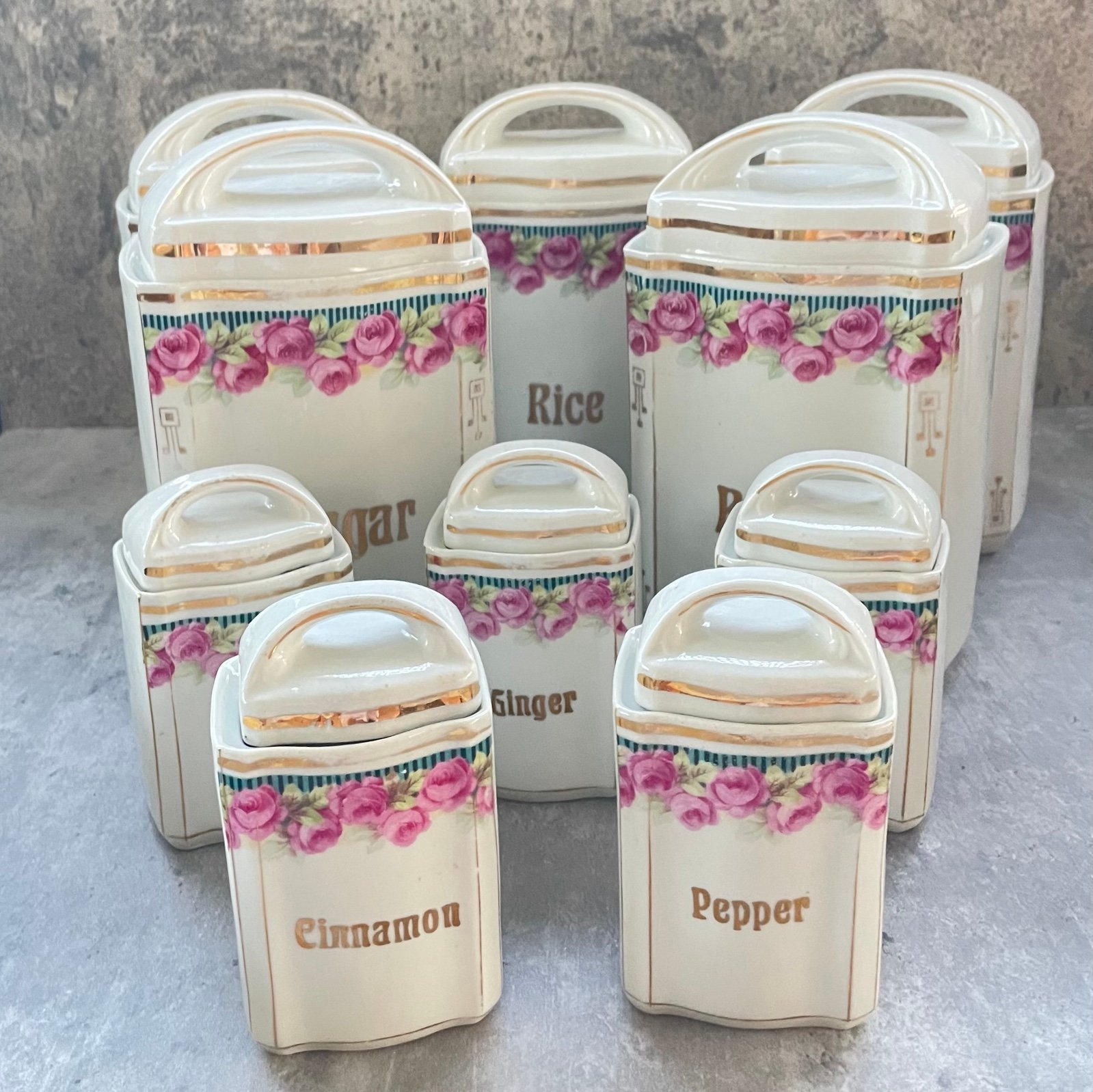 Vtg Germany Lusterware Kitchen Canister Set 10pcs Stamped 2730 c1920