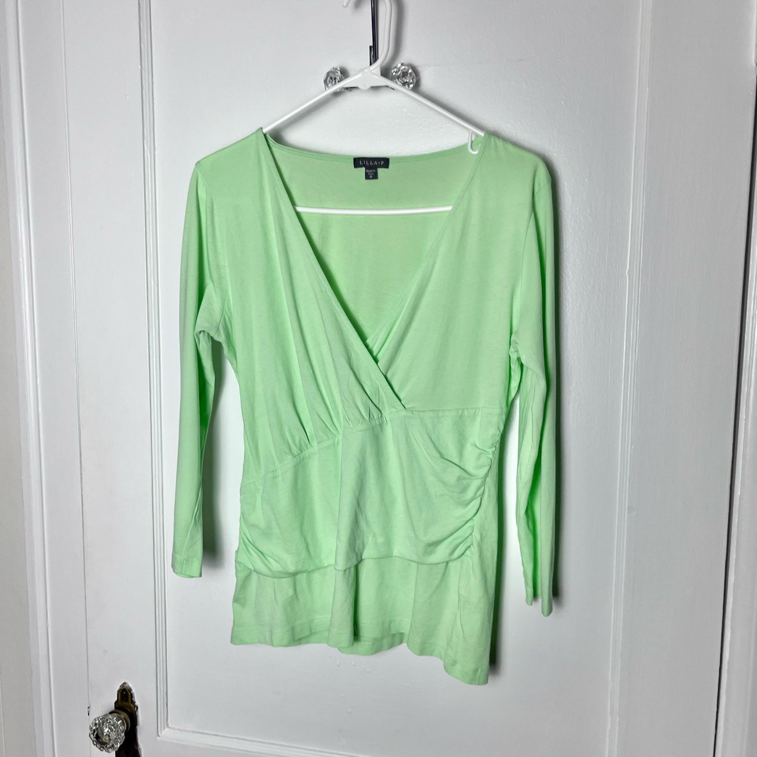 Lilla P Women's Bright Green Deep V-neck Pima Cotton Knit Top Size Medium