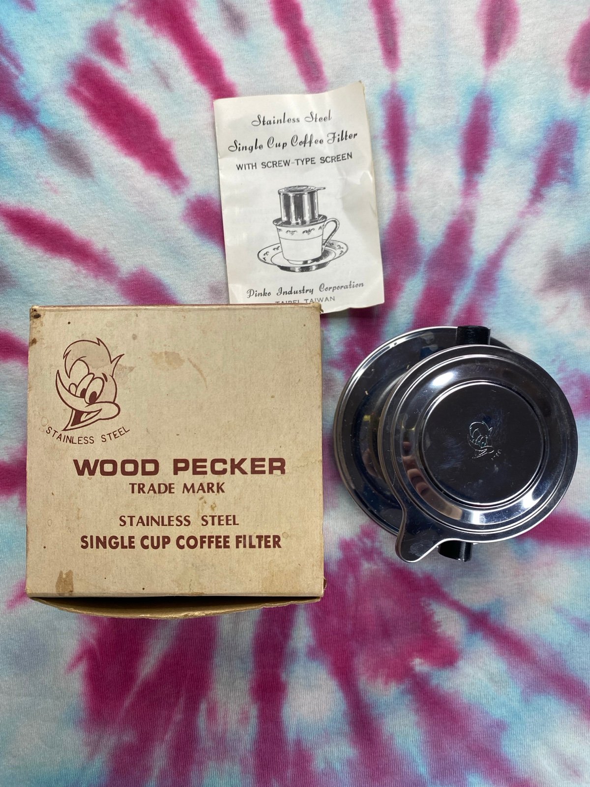 WOOD PECKER STAINLESS STEEL SINGLE CUP COFFEE FILTER VINTAGE COLLECTIBLE RETRO