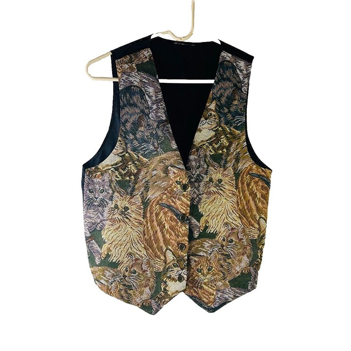 VTG 90s Womens Small Kitty Cat Tapestry Button Vest Jacket Artsy Streetwear