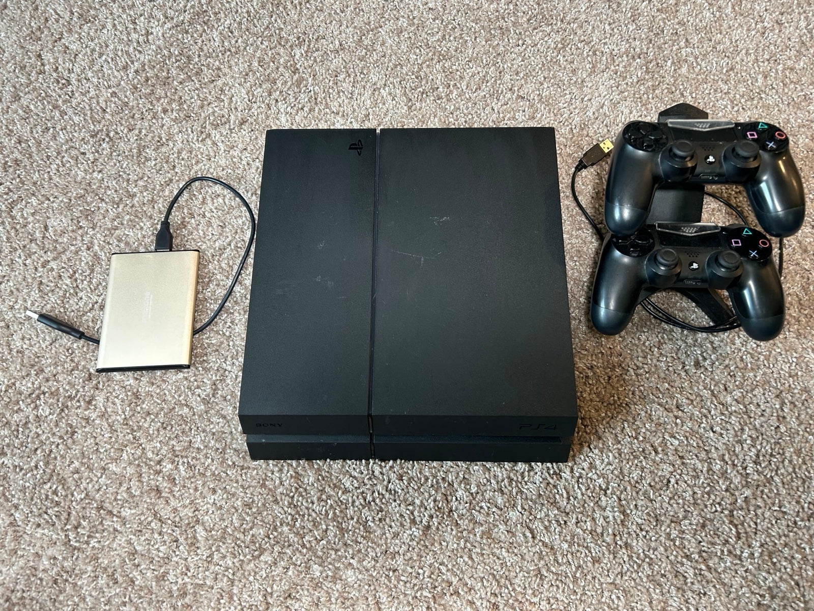 PS4 with external hard drive, controllers/charging station