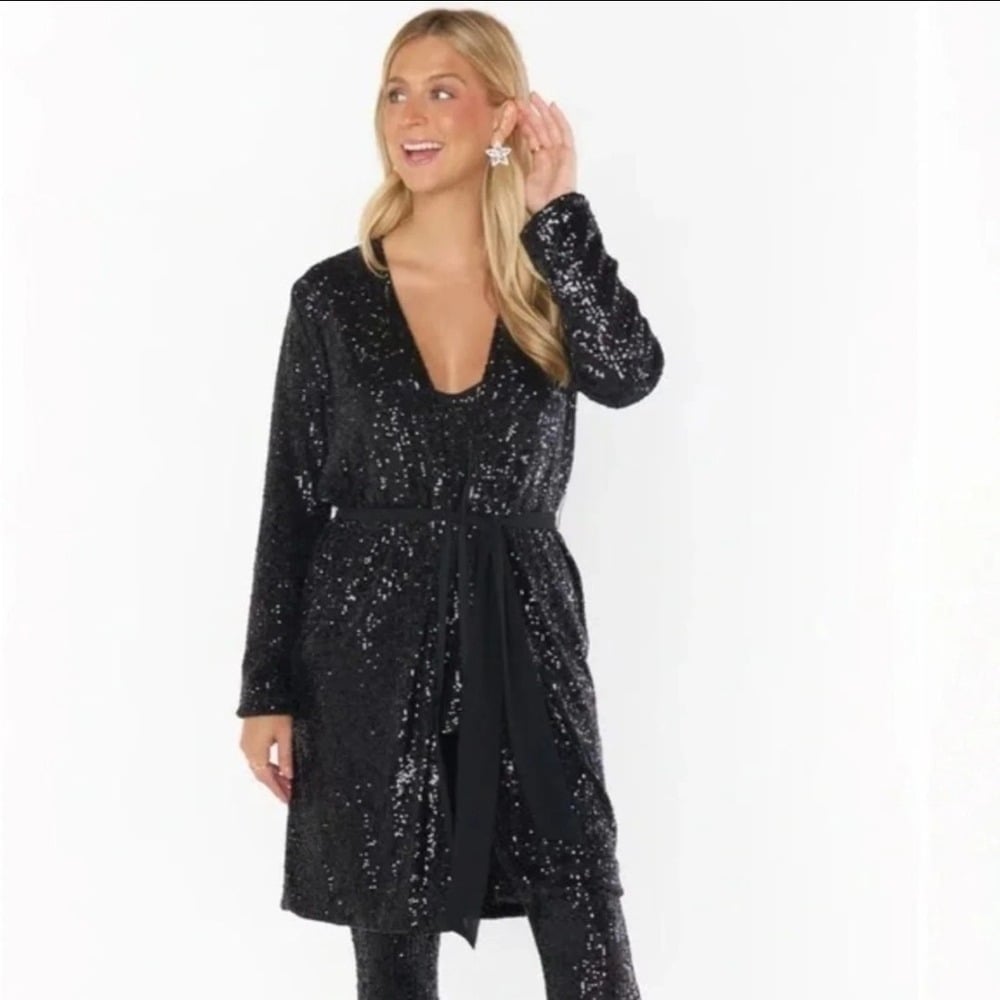 Show Me Your Mumu NWT Med Encore Kimono Black Midnight Sequins Wrap Cardigan
