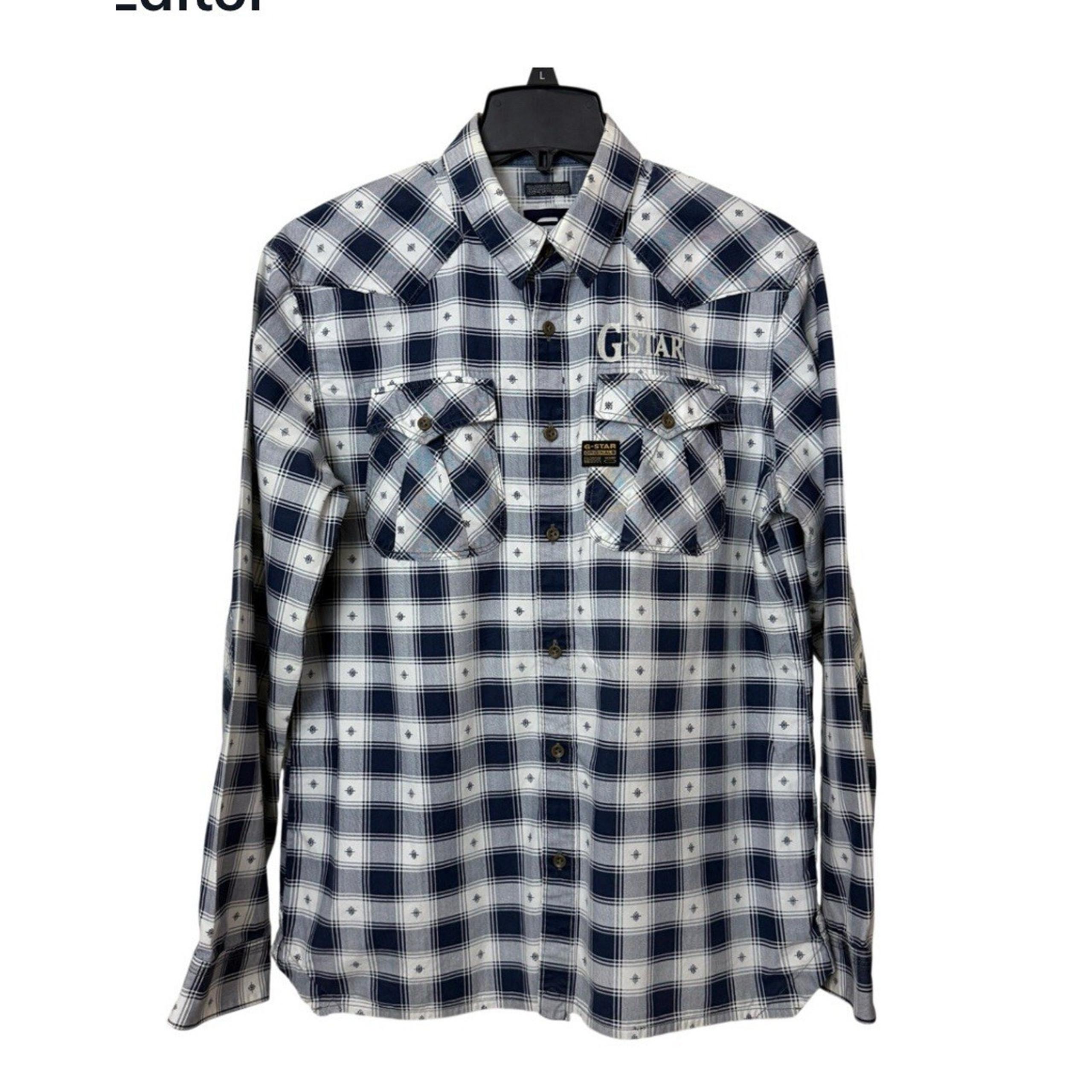 G Star Raw Shirt Mens XL Blue Check Western Style Long Sleeve