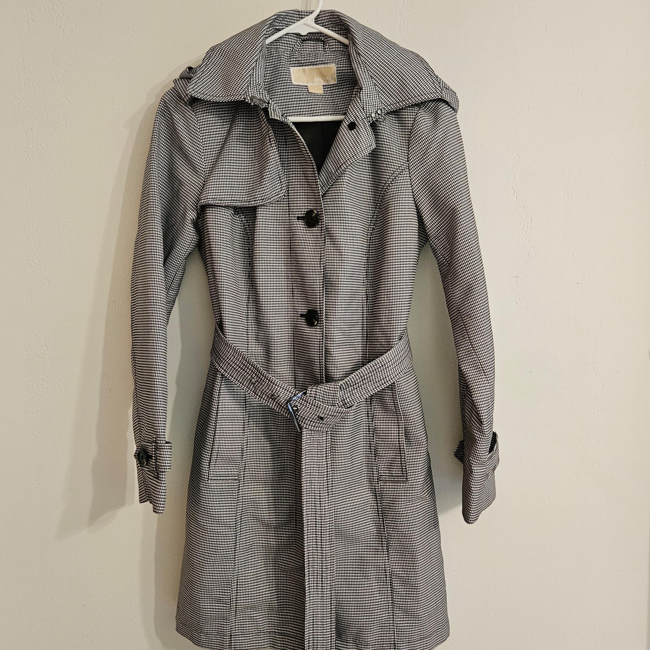 Michael Kors Trench Coat Women Small Houndstoot Lined Belted Pockets Notch Lapel