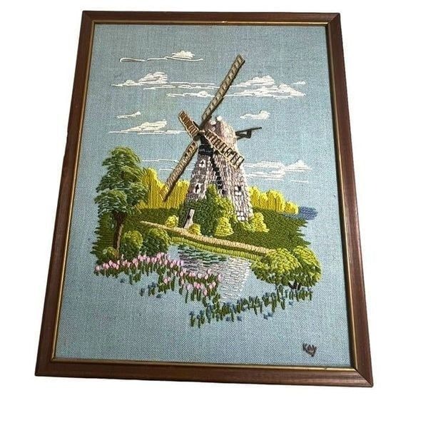 Southampton Petticoat Windmill Long Island NY Vintage Crewel Signed Kay 13X16