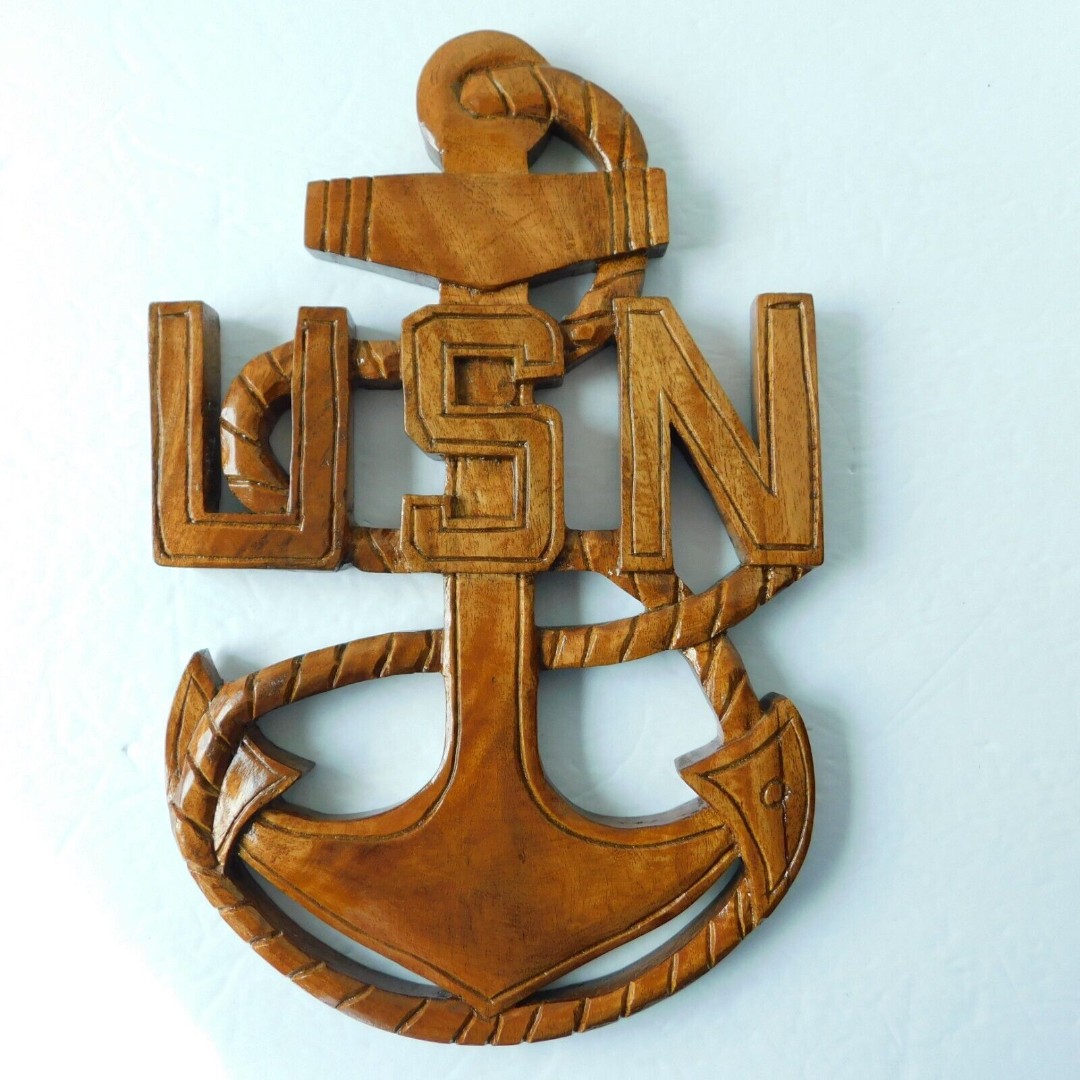 USN United States Navy Wood Art Military Wall Plaque 12x8 Solid, Hand Carved