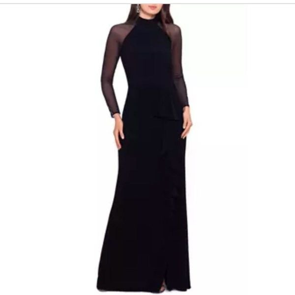 NWT Betsy & Adam Women's Long Mesh Sleeve Halter Gown