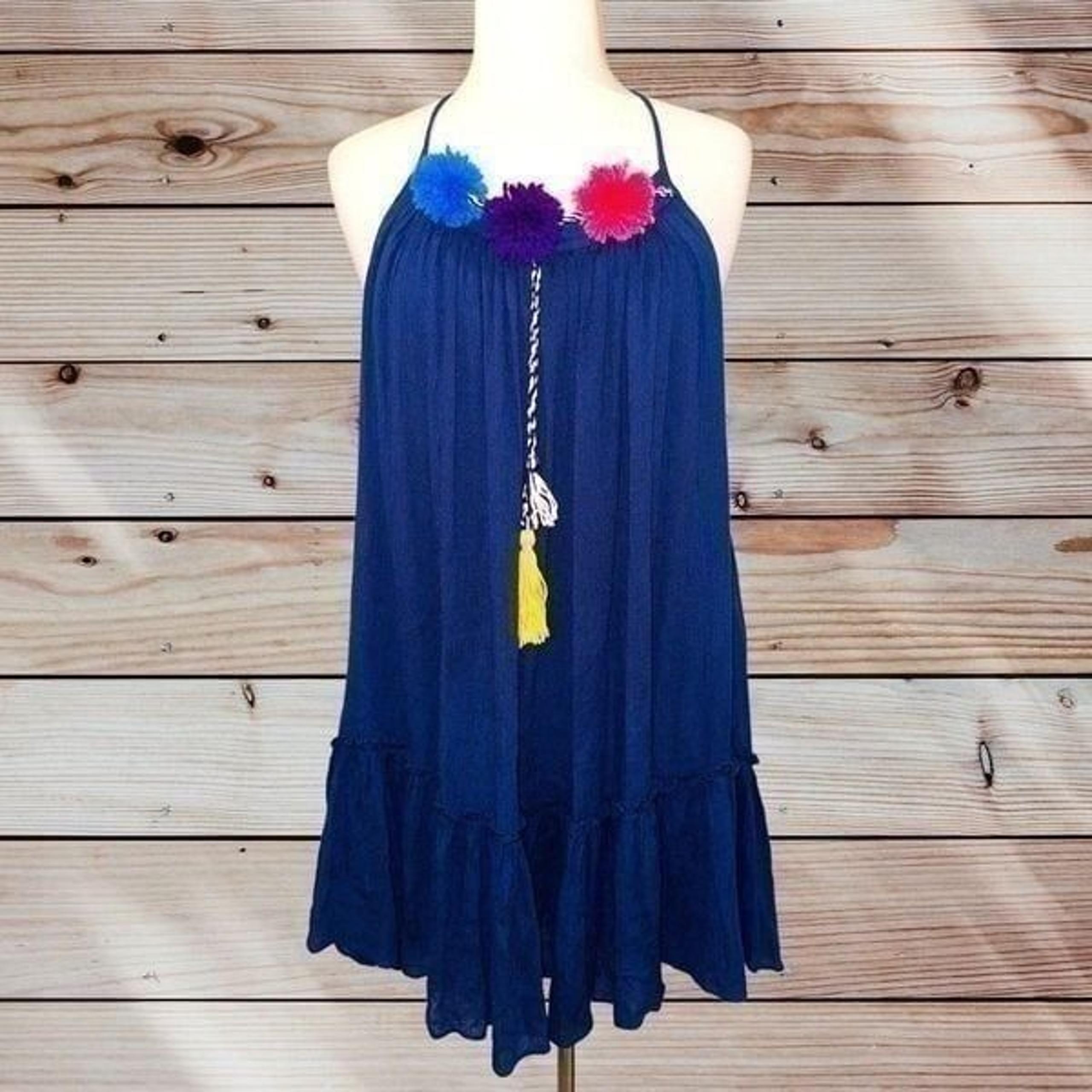 T1 Misa Los Angeles Dress Halter Tiered Mini Navy Blue large Pom Pom