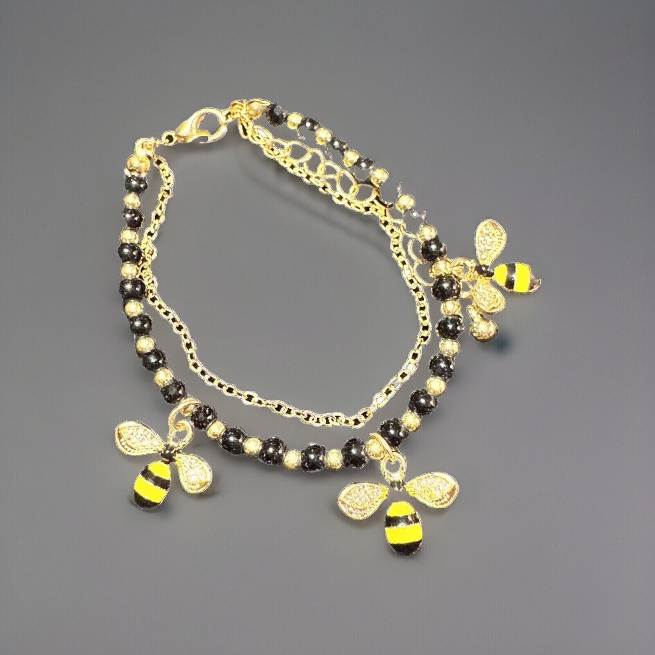 Yellow/Black Enamel Crystal Bee Charm Bracelet Chain Womens Jewelry Bangle NEW