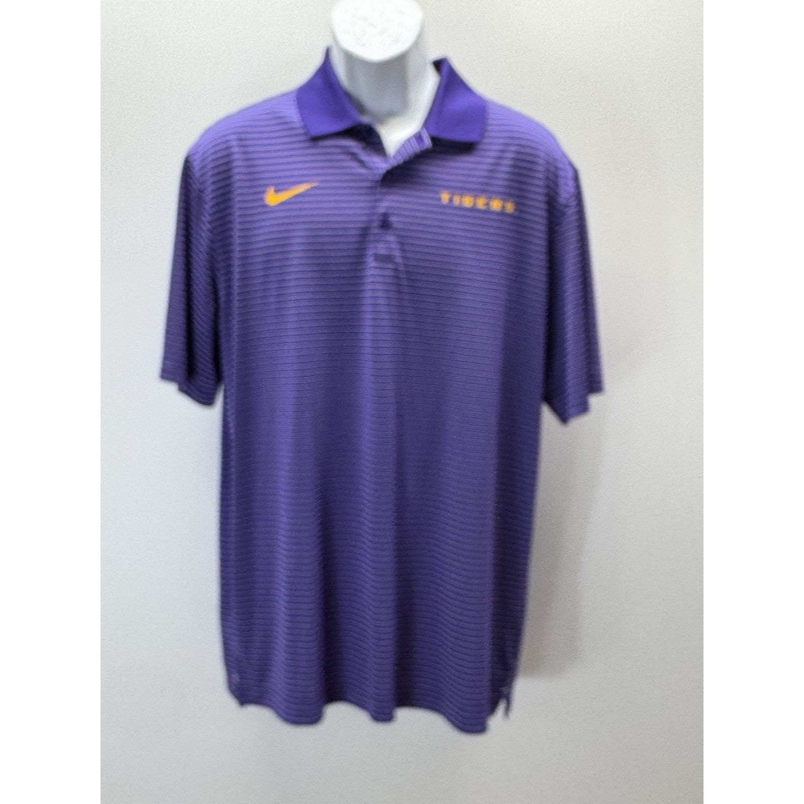 Nike Dri Fit TSU Tigers Size Large Striped Purple Yellow Shortsleeve Polo Shirt
