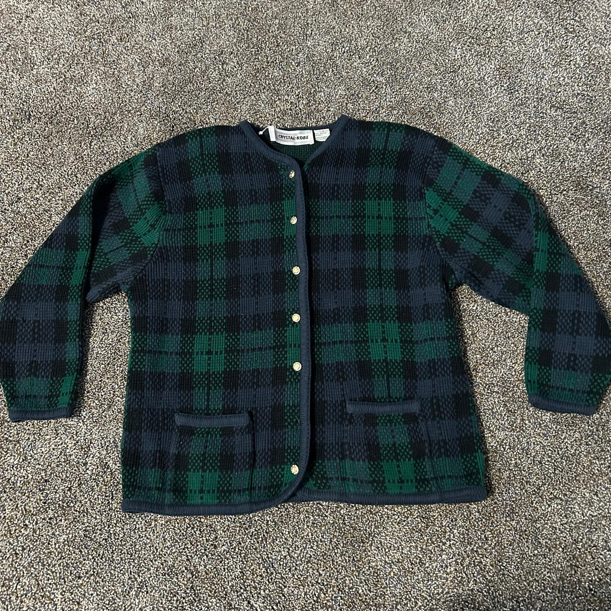 Vintage 80s Crystal-Kobe women’s large blue green checked plaid cardigan sweater