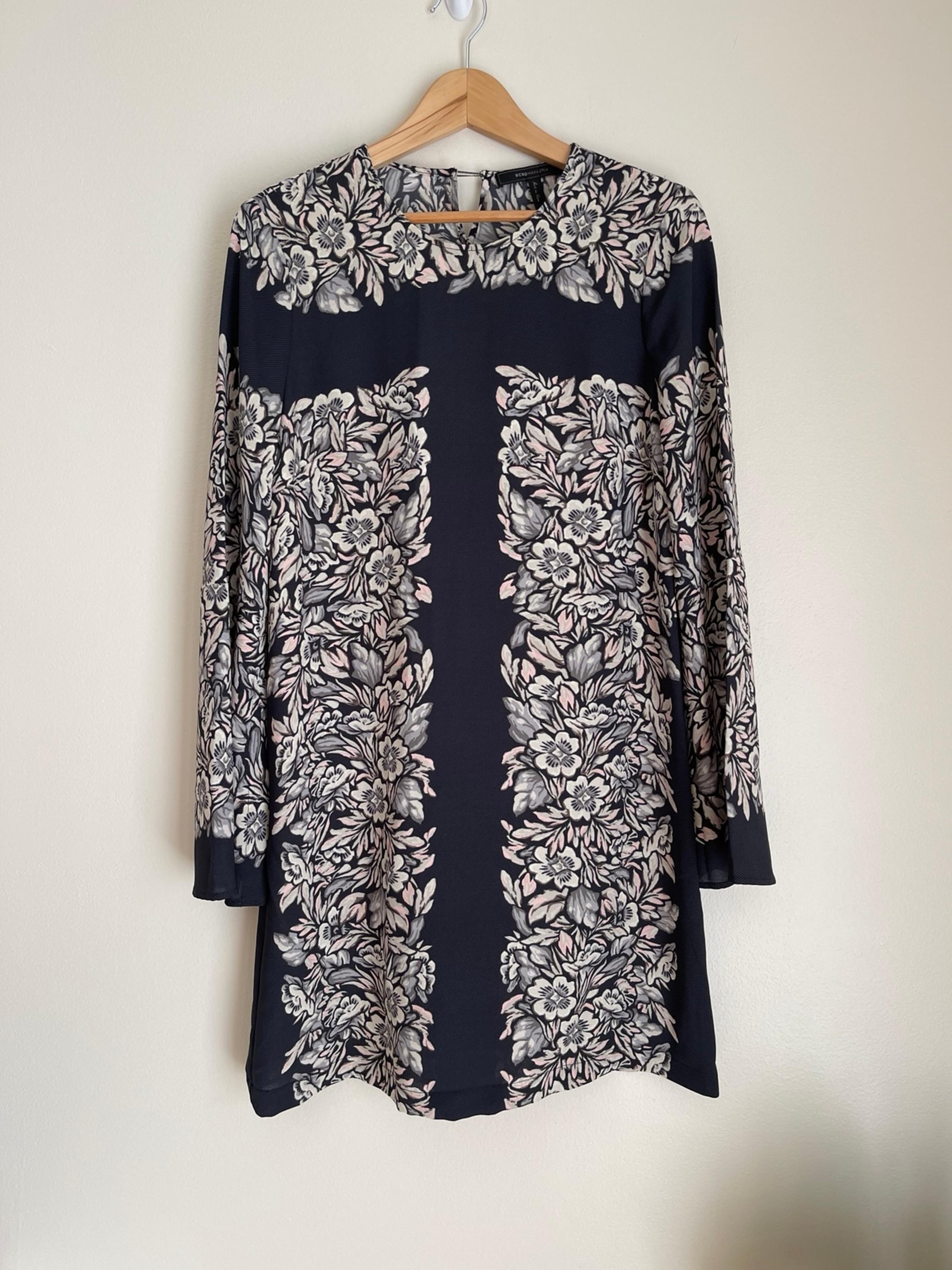 BCBGMAXAZRIA Navy Blue Pink Floral Bell Slit Sleeve Boho Shift Dress Size XS