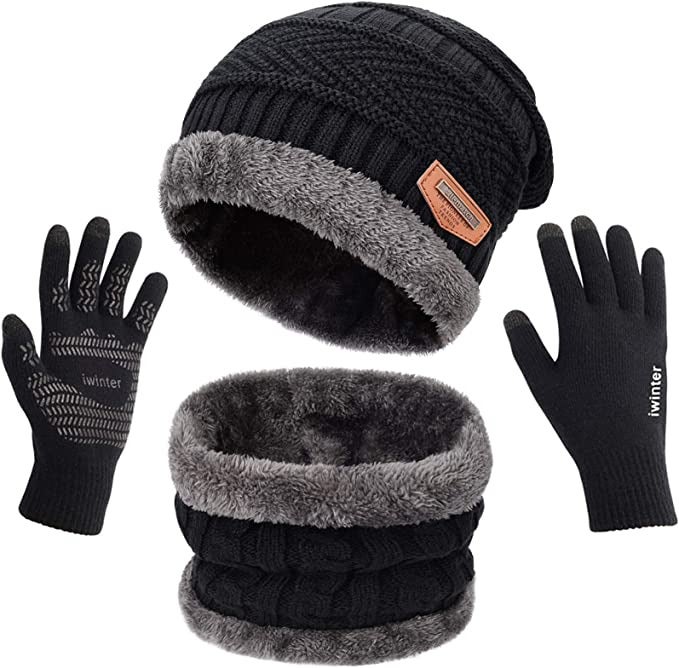 MAYLISACC Winter Knit Beanie Hat Neck Warmer Scarf and Touch Screen Gloves Set 3