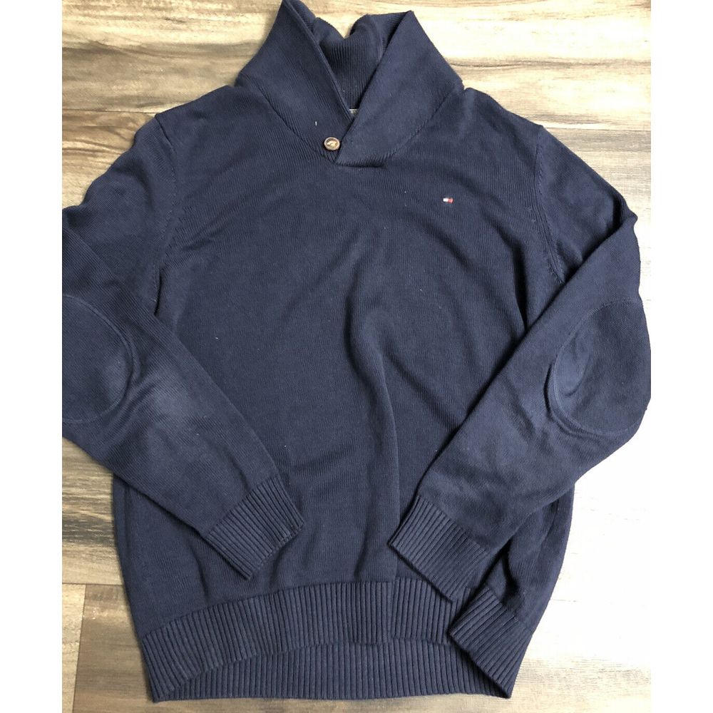 Tommy Hilfiger pullover mens sz XXL Shawl neck elbow patch sweater Navy Blue