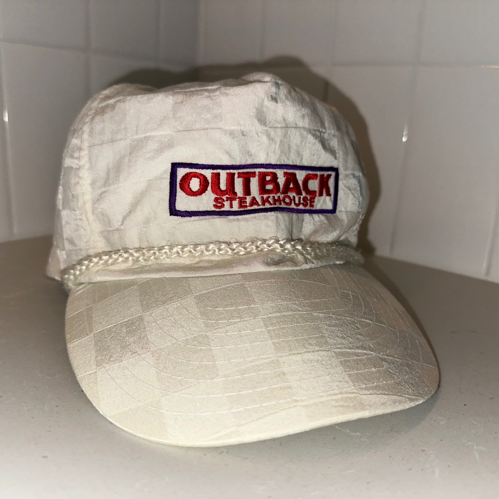 Outback Steakhouse Hat Vintage Corded White Checkered Nissin Cap Zip Back Rare