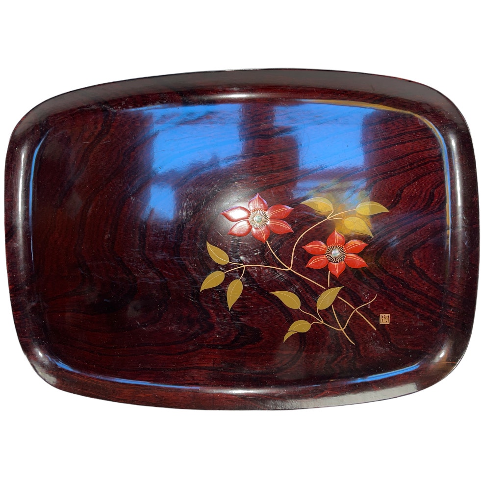 Vintage Retro Gold Craft MFG Dk Brown Faux Wooden Serving Tray Floral