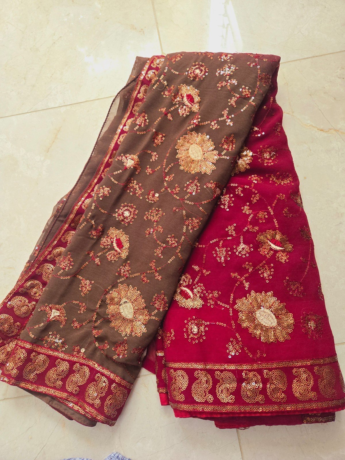Dual color Maroon & Buff with Gold Embroidered Georgette Saree with Blouse