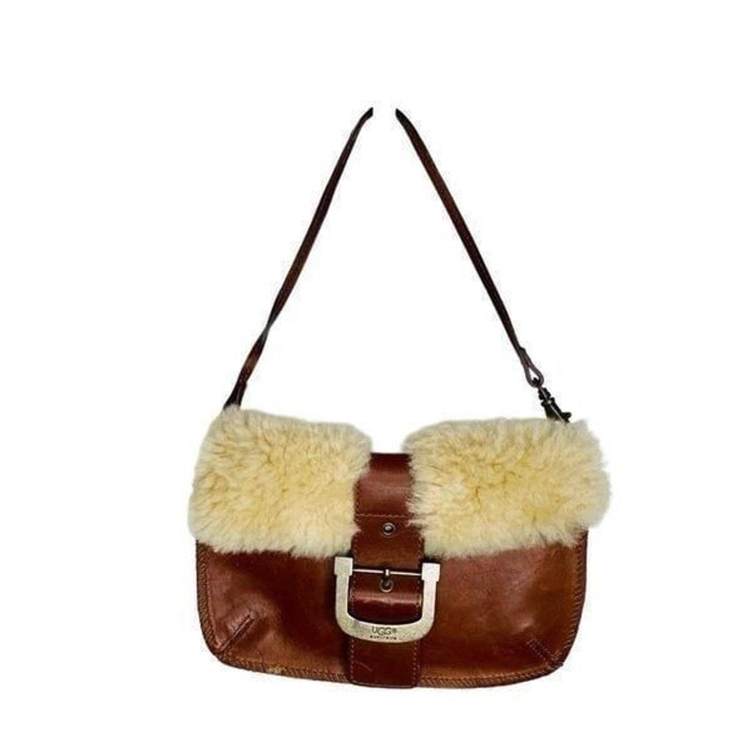 UGG Australia Leather Shoulder Bag Sherpa Lined Purse Cognac Brown Buckle