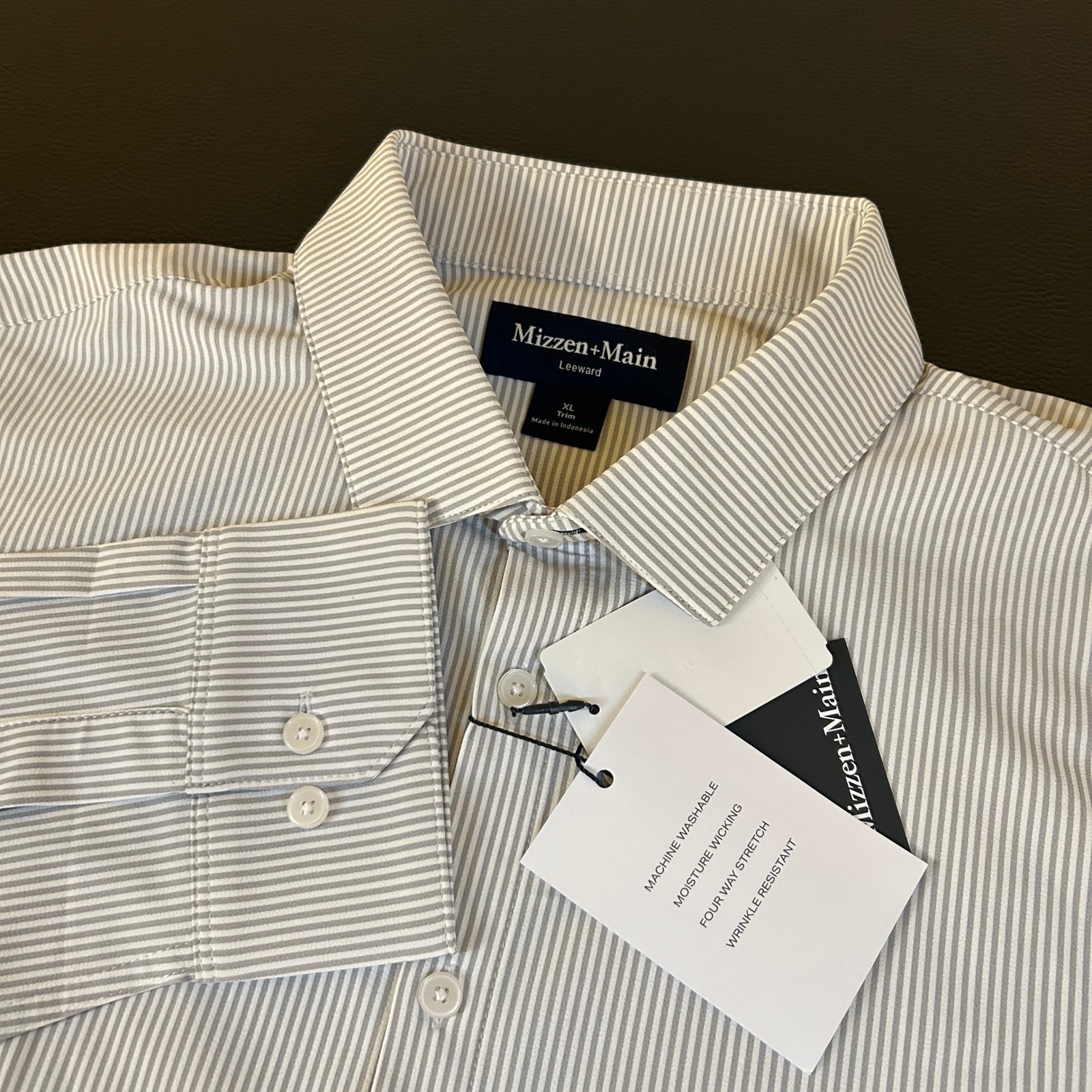 Mizzen+Main Leeward Dress Shirt Wrinkle Resistant Stretch Gray Striped Mens XL