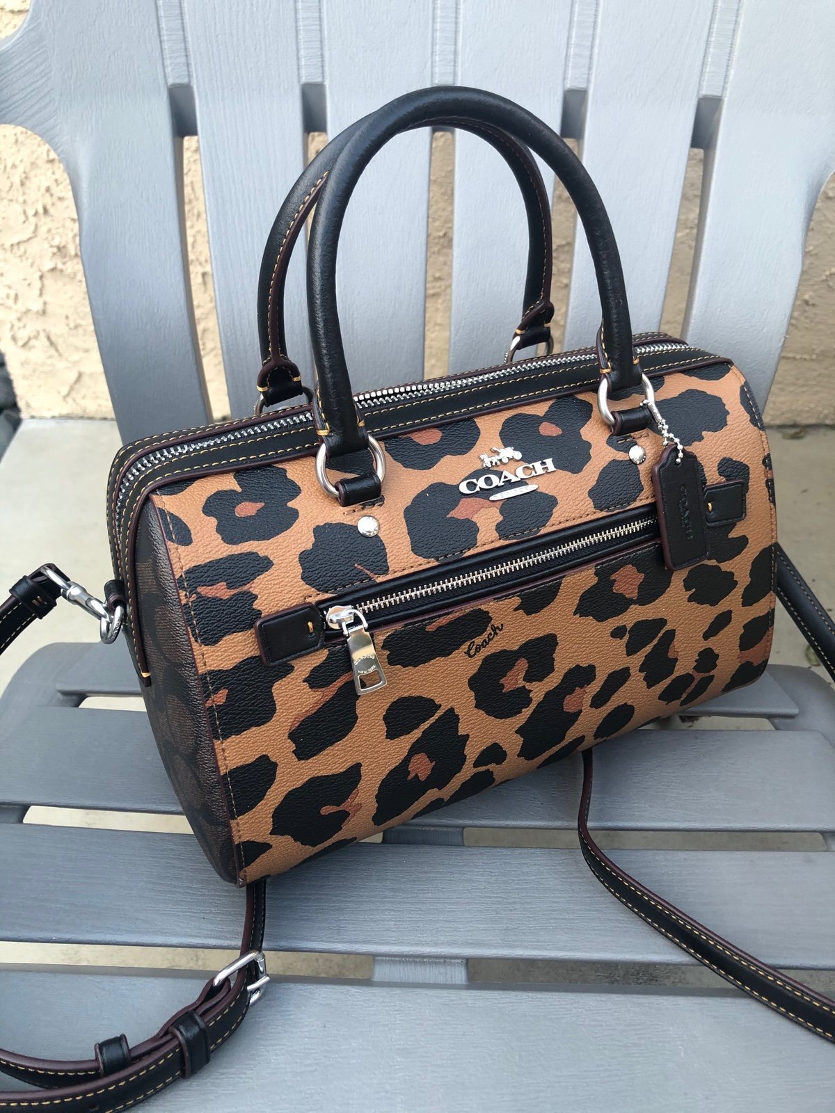 COACH CC758 Rowan Satchel Bag Signature Canvas Leopard Print Light Saddle Multi