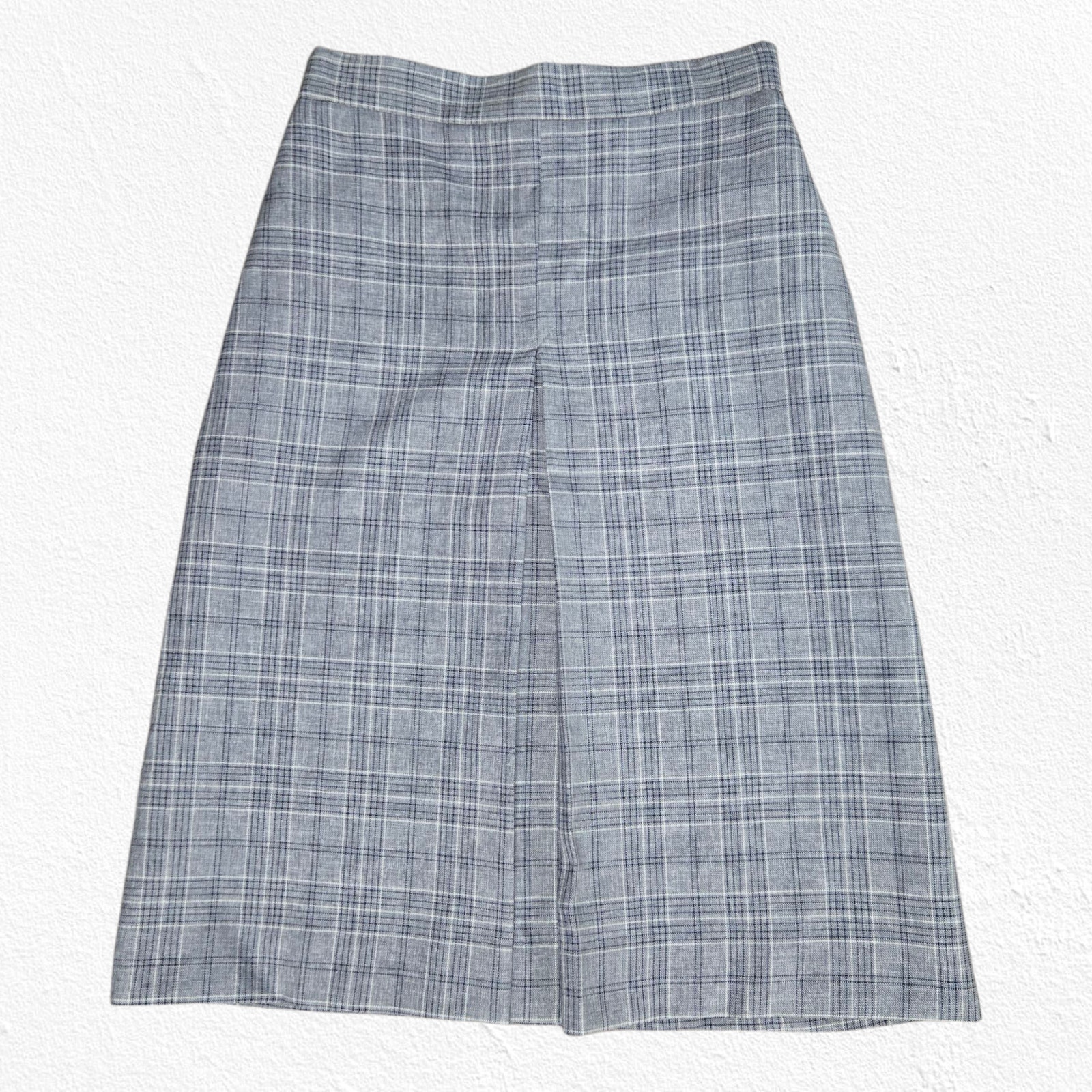 1970s Vintage Gray Navy Checkered Plaid Front Pleat Classic Midi Skirt Size 6