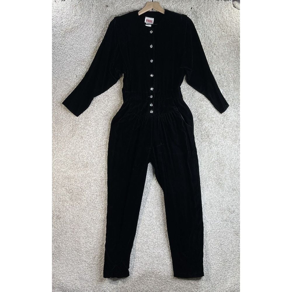 Vintage FADS Jumpsuit Women's 7/8 Velvet Black Diamond Button Pockets USA