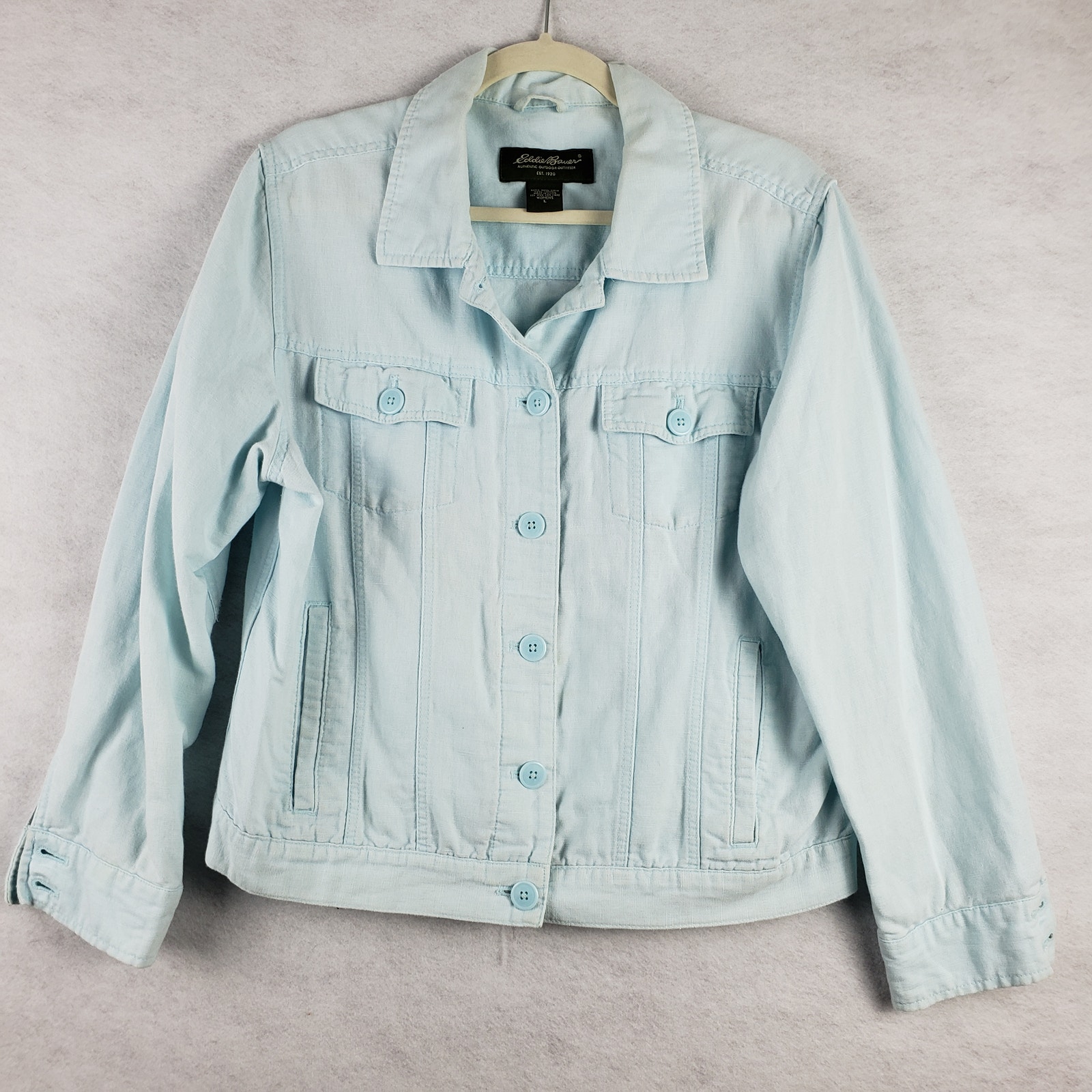 Earthy Girl Eddie Bauer Womens L Denim Jacket Blue Linen Minimalist Staple