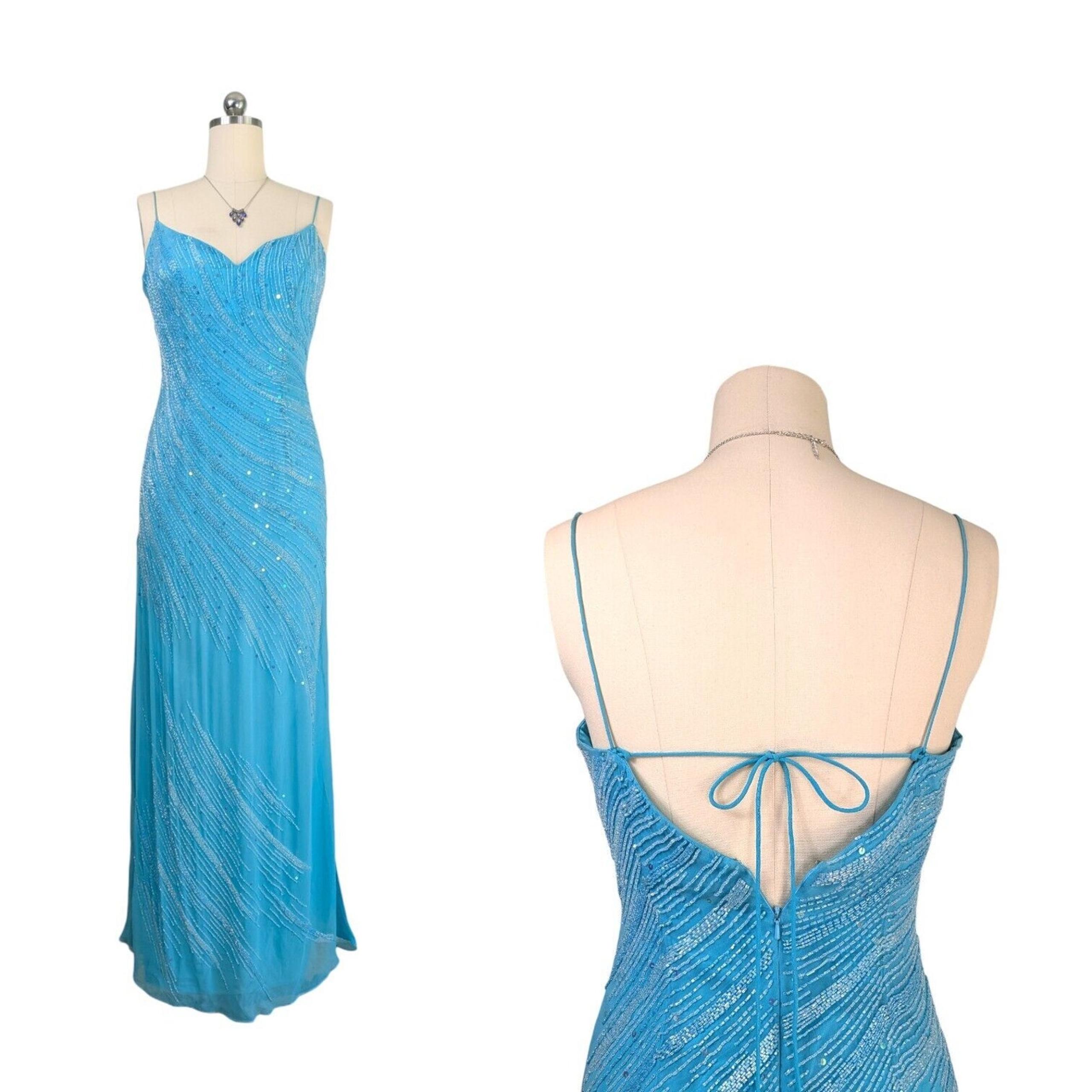 Vintage Silk Prom Dress Maxi Gown 10 Blue 90s Y2K Fairy Glam Bead Turquoise Slit