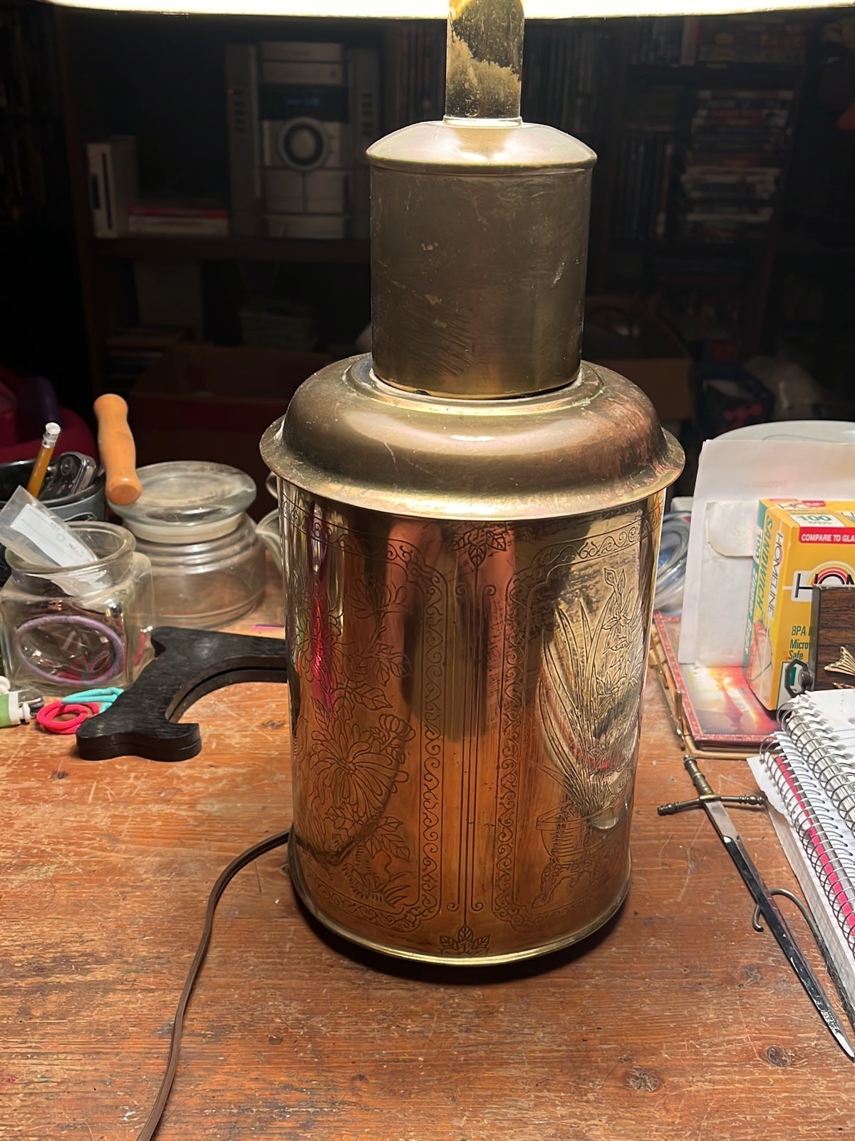Vintage Brass Etched Chinoiserie Canister Lamp