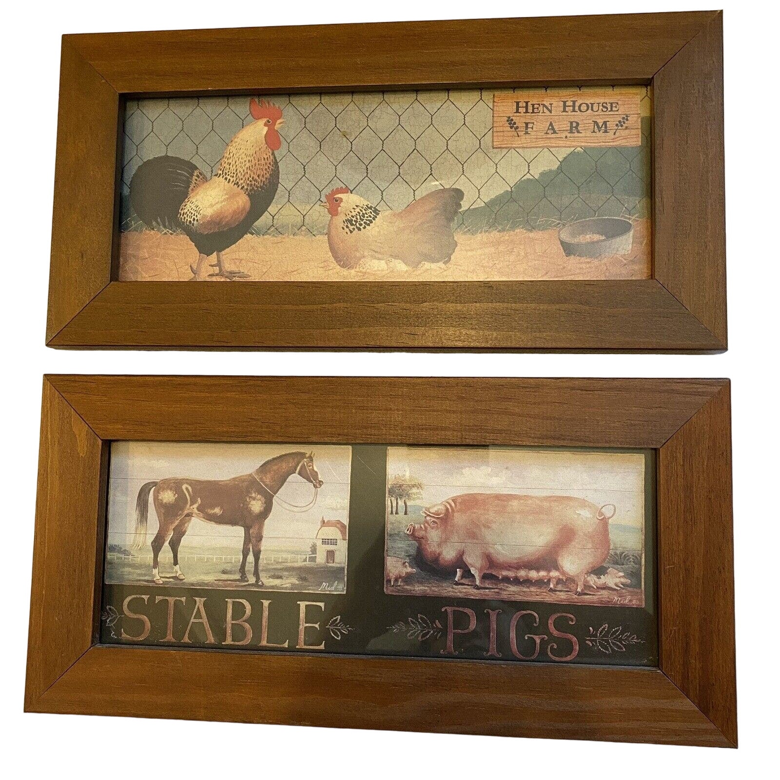 VTG Farm Animals Print Painting Wood Frame Farmhouse Wall Decor Hanging Set Of 2