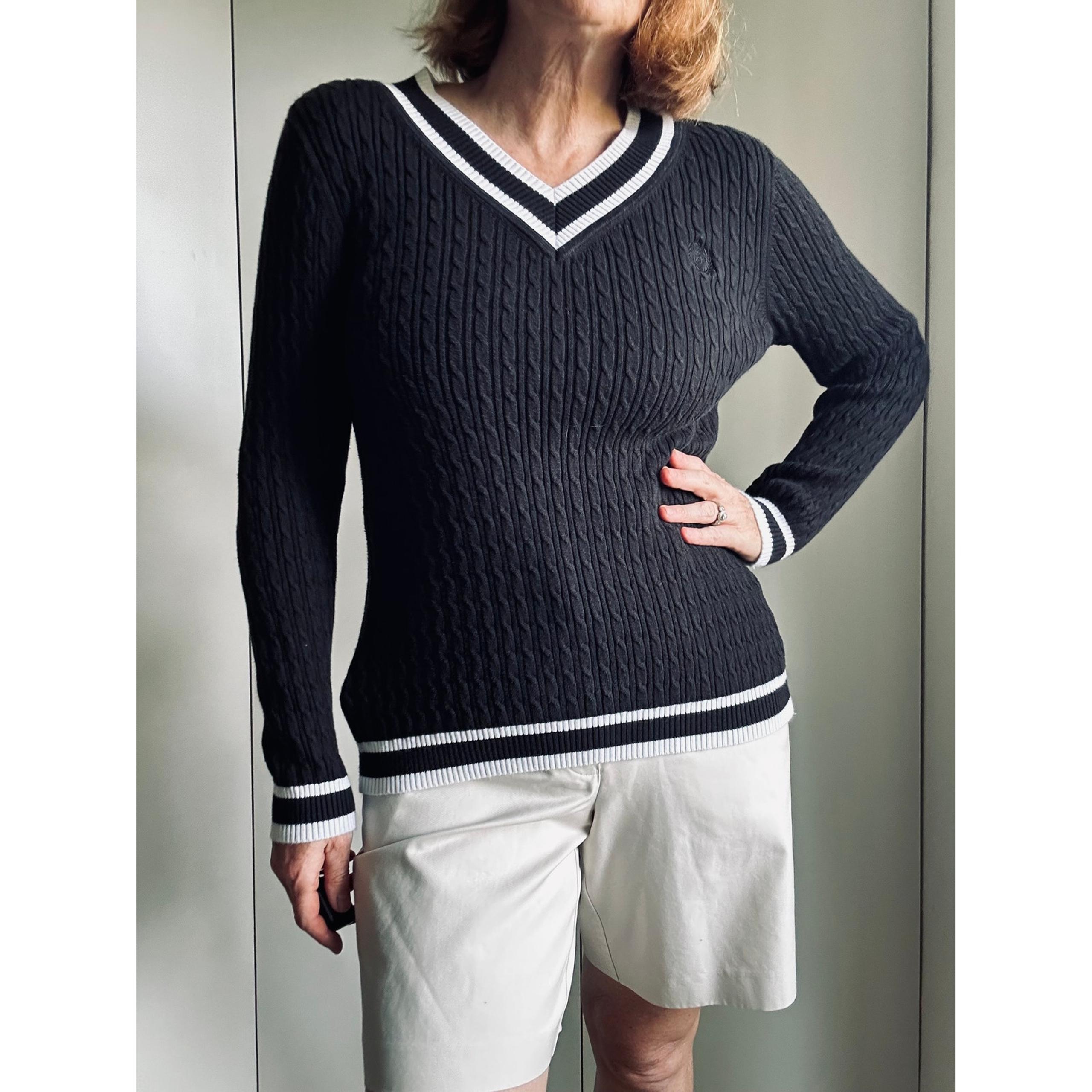 Liz Claiborne Cotton Cableknit Tennis Sweater V neck Black White SZ M Twee Prep