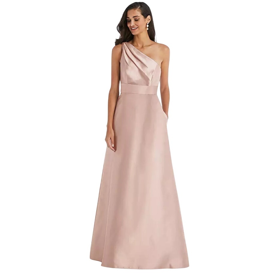 Alfred Sung Draped One-Shoulder Satin Maxi Dress w/ Pockets in Toasted Sugar NWT